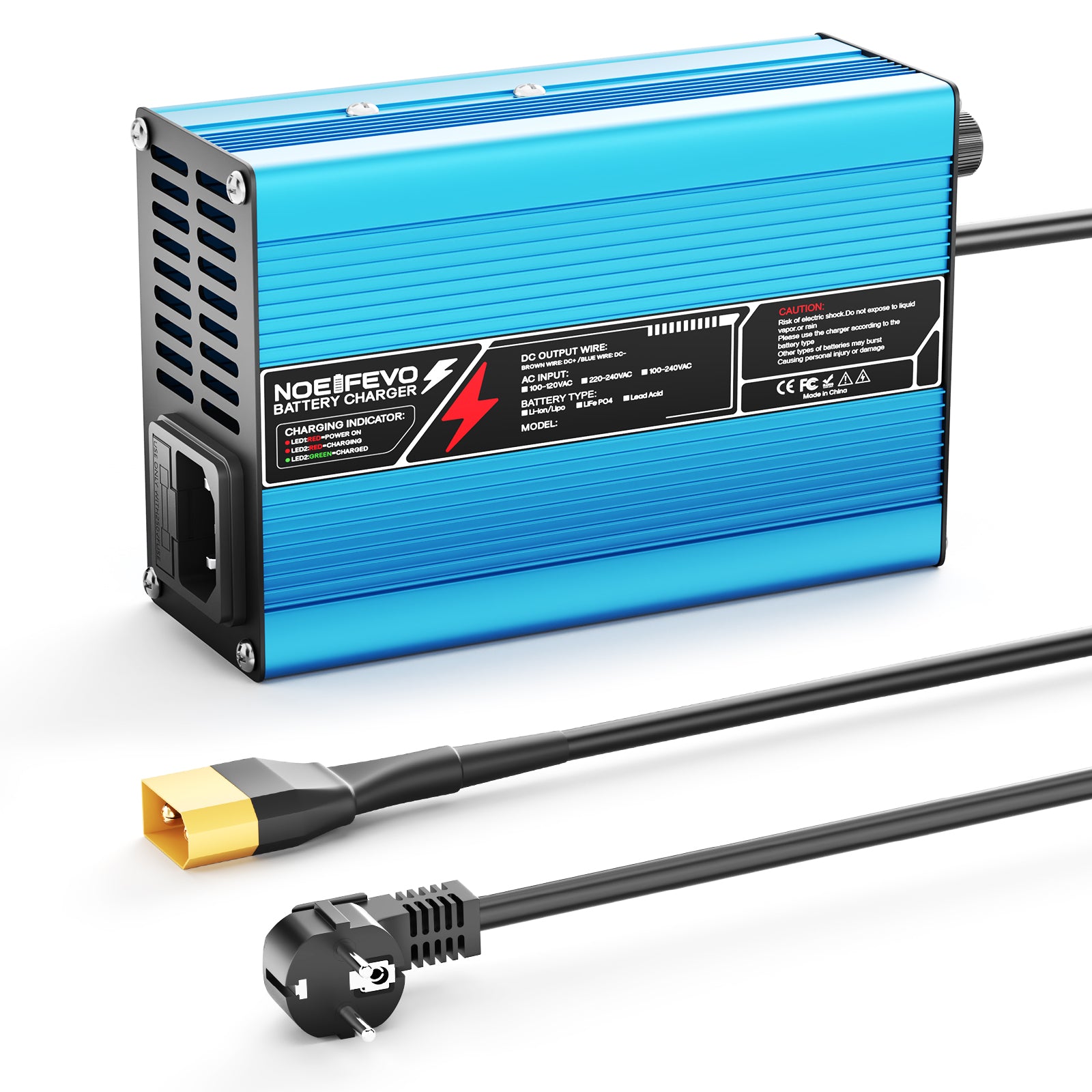 NOEIFEVO 16.8V 10A Lithium-lader til 4S 14.8V Li-Ion Lipo-batterier, køleventilator, automatisk slukning (BLÅ)