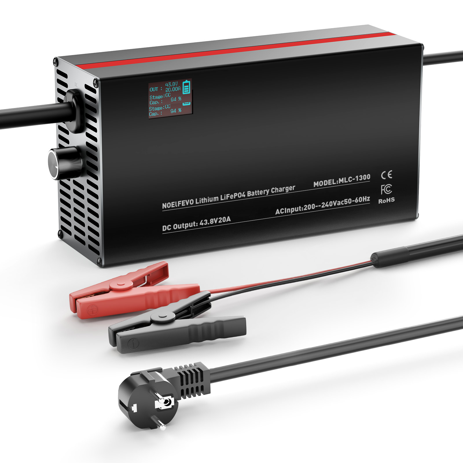 מטען NOEIFEVO 43.8V 2-20A לסוללות ליתיום-LiFePO4, מתאים לסוללות 38.4V 12S LiFePO4, עם תצוגת LCD, זרם מתכוונן, מיועד לעגלות גולף, מנועי דיג, סירות וקרוואנים.