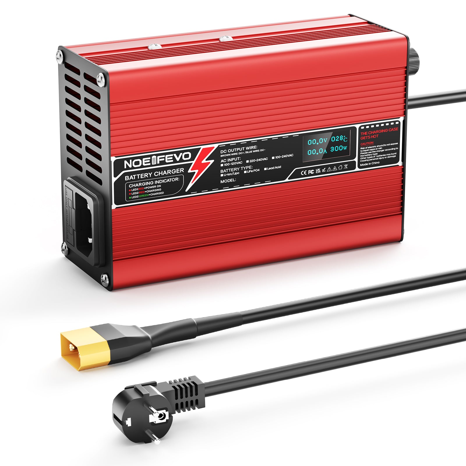 NOEIFEVO 50.4V 2A 2.5A 3A Lithium-oplader voor 12S 44.4V Li-Ion Lipo-batterijen, met koelventilator, automatische uitschakeling (ROOD)