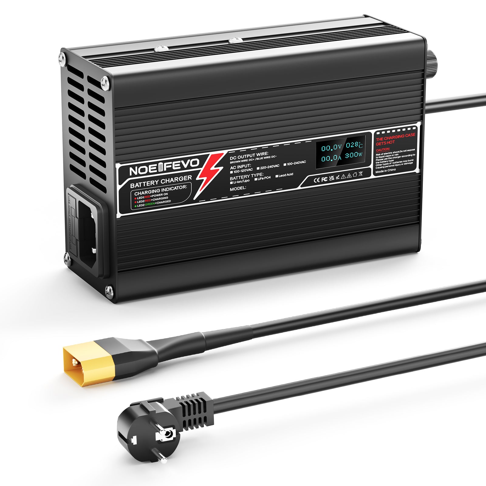 NOEIFEVO 46.2V 2A מטען סוללה ליתיום עבור סוללות Li-Ion Lipo 11S 40.7V, עם תצוגת LCD, מאוורר קירור, כיבוי אוטומטי