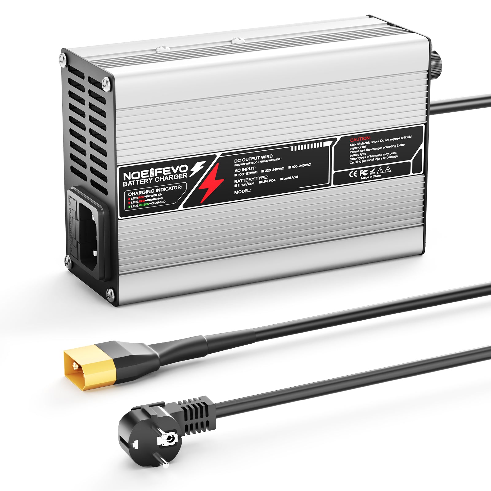 NOEIFEVO Carregador de Bateria de Lítio 33.6V 2A 3A 4A 5A para Baterias Li-Ion Lipo 8S 29.6V, com Ventilador de Refrigeração e Desligamento Automático