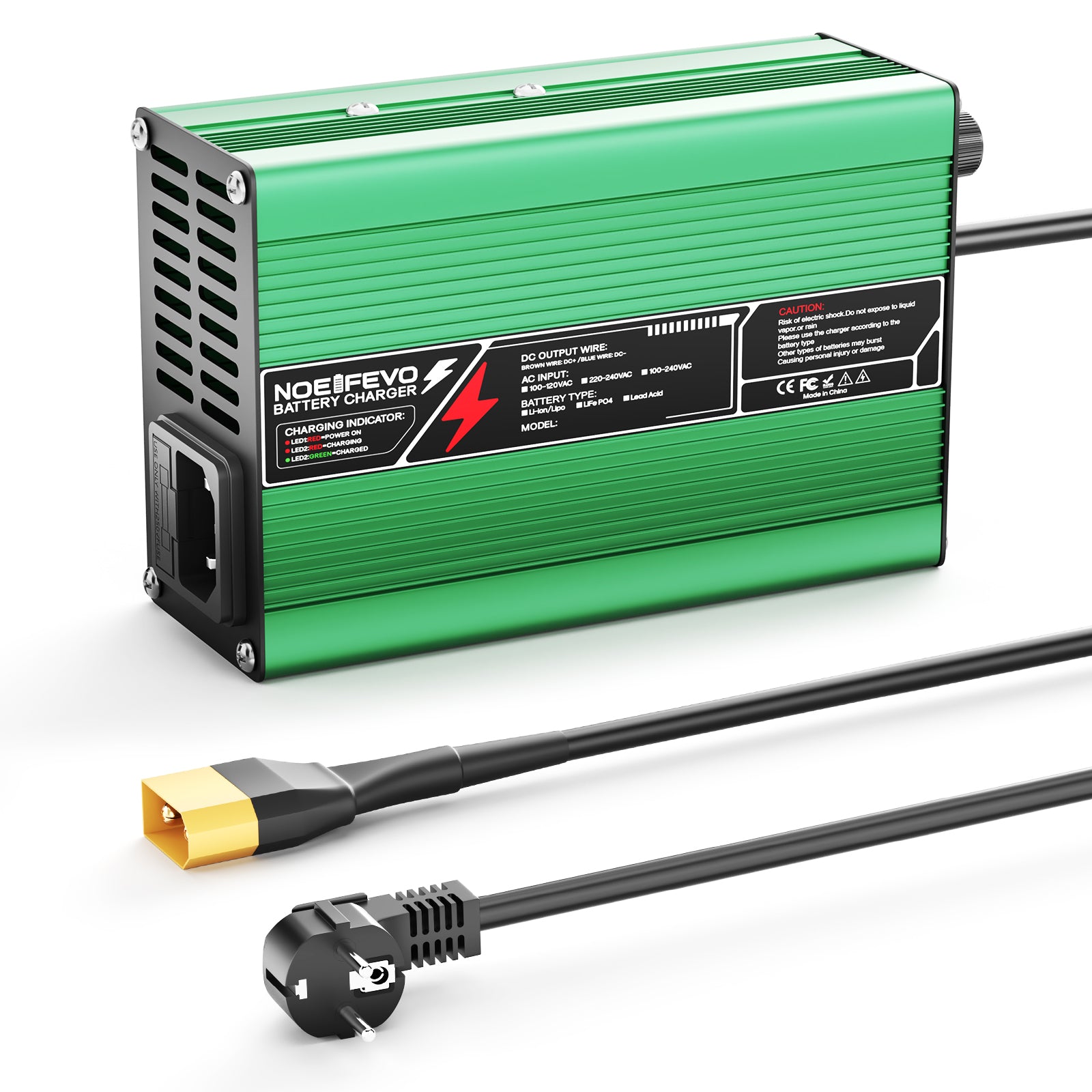 NOEIFEVO 37.8V  2A 3A 3.5A 4A מטען ליתיום עבור סוללות 9S 33.3V Li-Ion Lipo, מאוורר קירור, כיבוי אוטומטי (ירוק).
