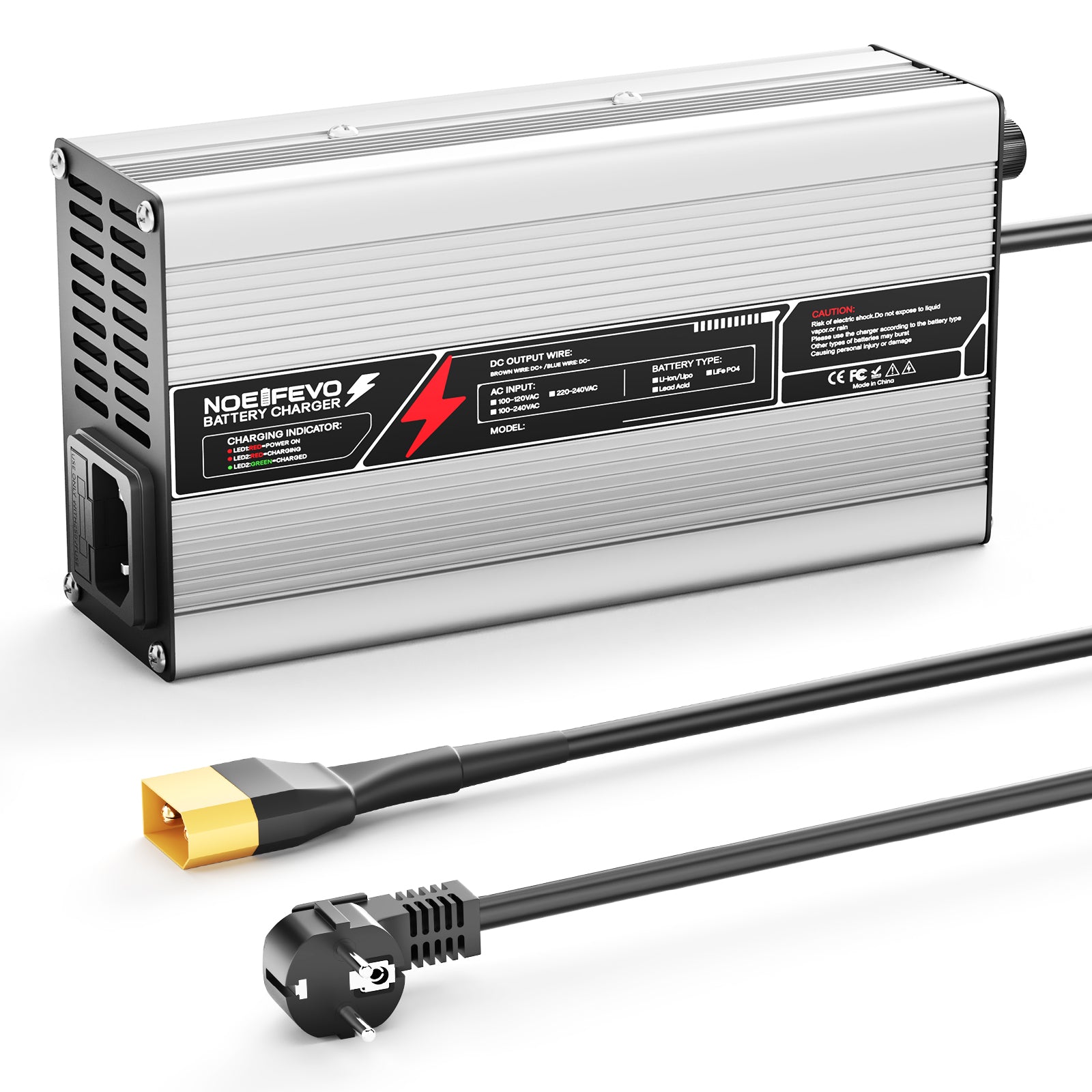 NOEIFEVO 14,6V 20A LiFePO4 Batterijlader voor 12V (12,8V) 4S-batterij, automatische uitschakeling, aluminium behuizing, met ventilator (Zilver)