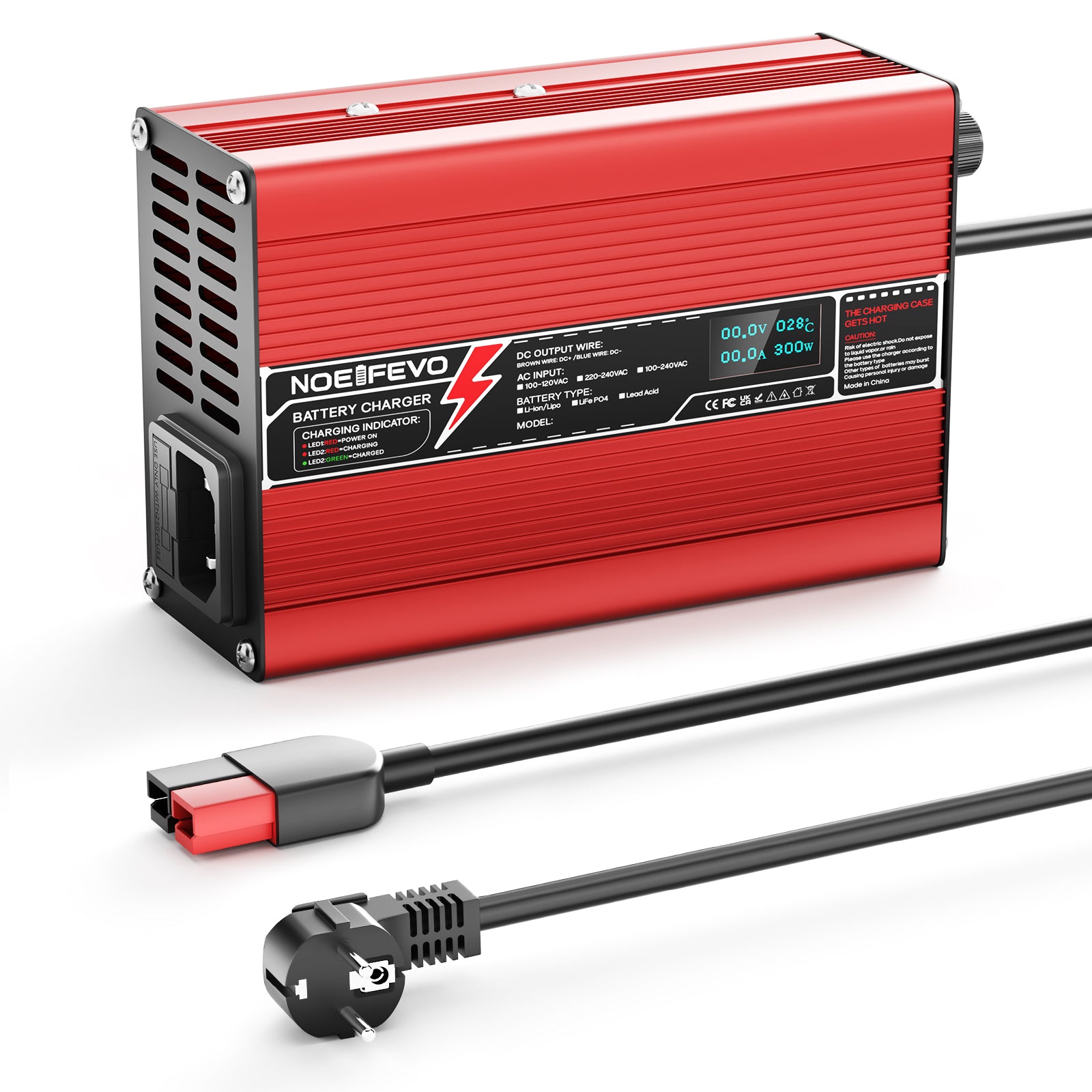 NOEIFEVO 12,6V 10A Cargador de Batería de Litio para Baterías Li-Ion Lipo 3S 11,1V, Ventilador de Refrigeración, Apagado Automático (ROJO)