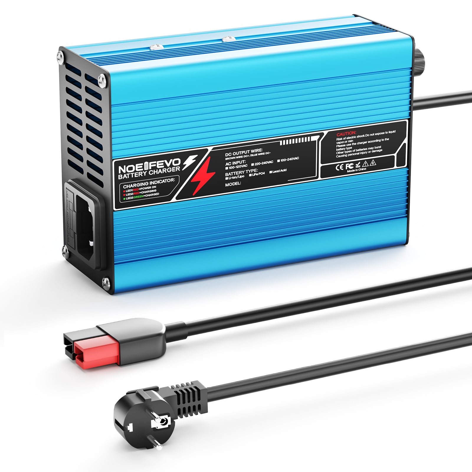 NOEIFEVO 12,6V 10A lithium-oplader til 3S 11,1V Li-Ion Lipo-batterier, køleventilator, automatisk afbrydelse (BLÅ)