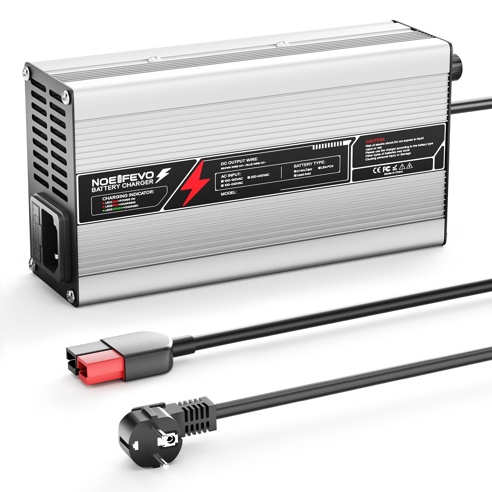 NOEIFEVO 14,6V 20A Caricabatterie LiFePO4 per batteria 12V (12,8V) 4S, spegnimento automatico, case in alluminio, con ventilatore (Argento).