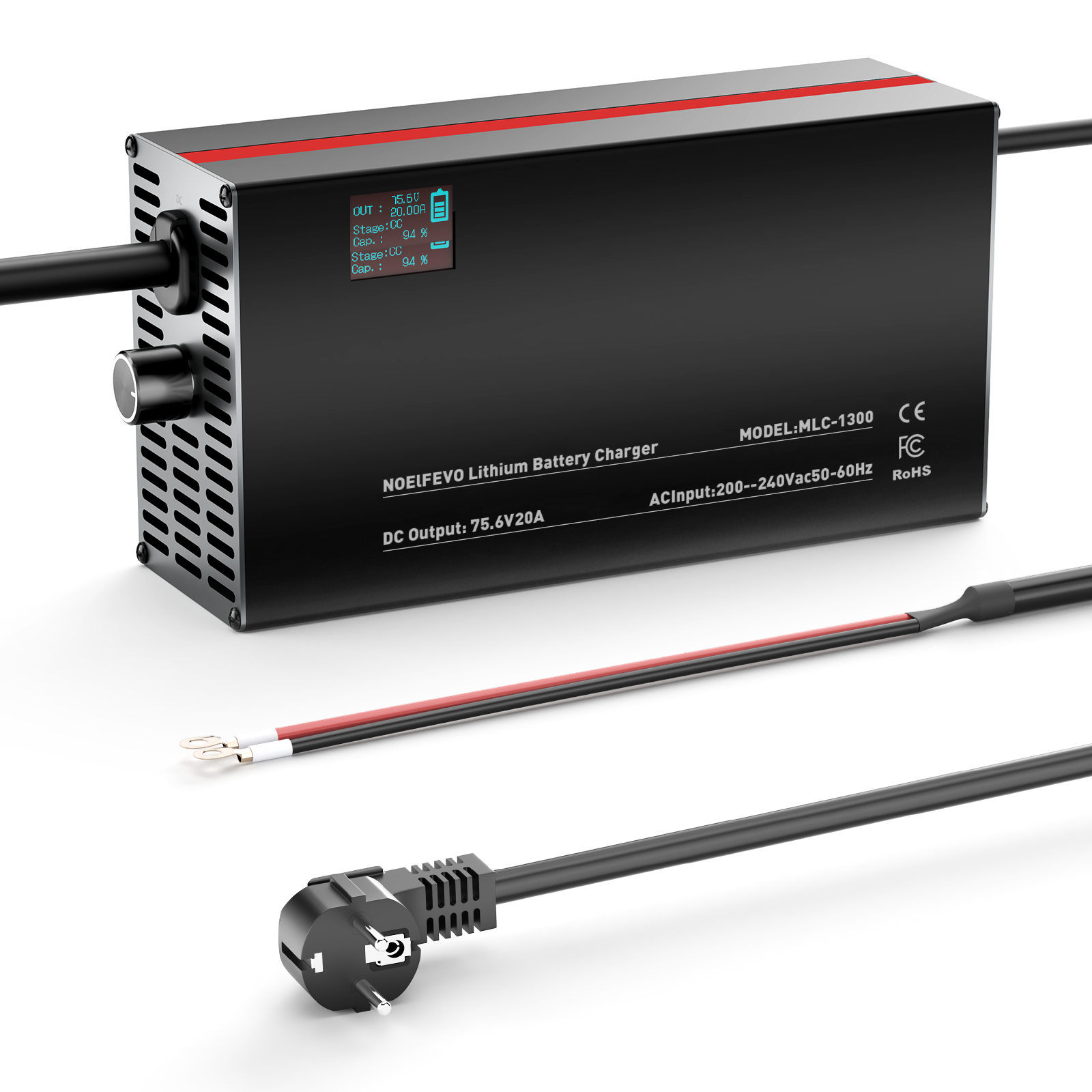 NOEIFEVO 75.6V 2-20A Litiumbatteriladdare för 66.6V 18S Litium-Li-Ion-Lipo-batteri, LCD-display, justerbar ström, laddare för elcykel, scooter, elektrisk motorcykel