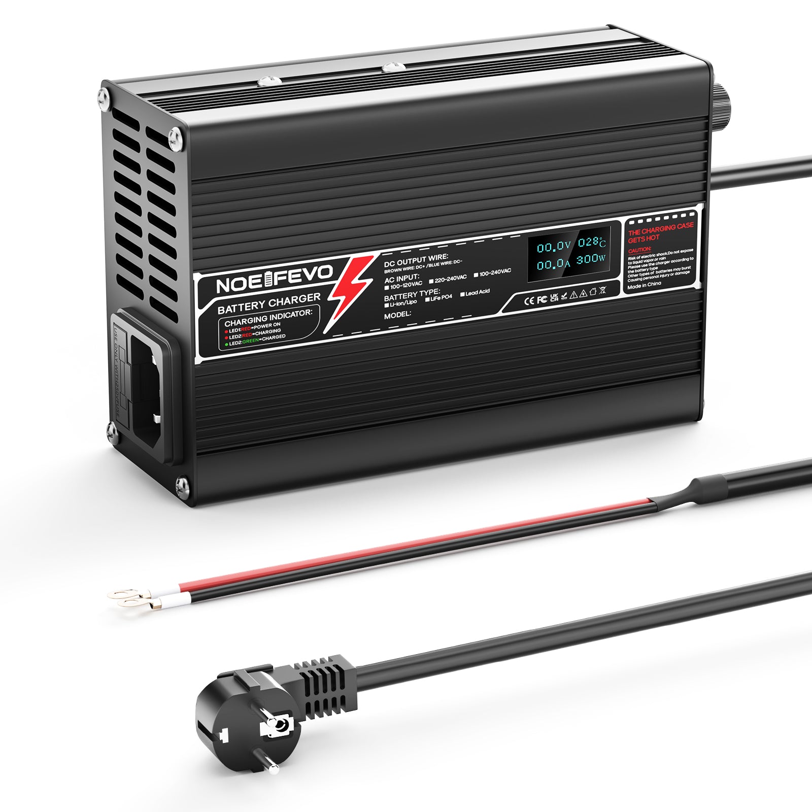 NOEIFEVO מטען ליתיום 29.2V 10A עבור סוללת Li-Ionen Lipo 7S 25.9V, מטען לאופניים חשמליים, תצוגת LED, גוף אלומיניום, מאוורר