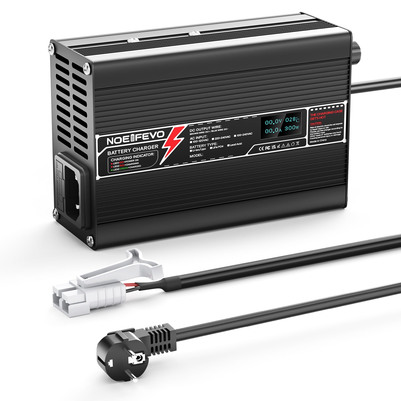 מטען ליתיום NOEIFEVO 33.6V 5A עבור סוללות Li-Ion Lipo 8S 29.6V, עם תצוגת LCD, מאוורר קירור, וכיבוי אוטומטי.