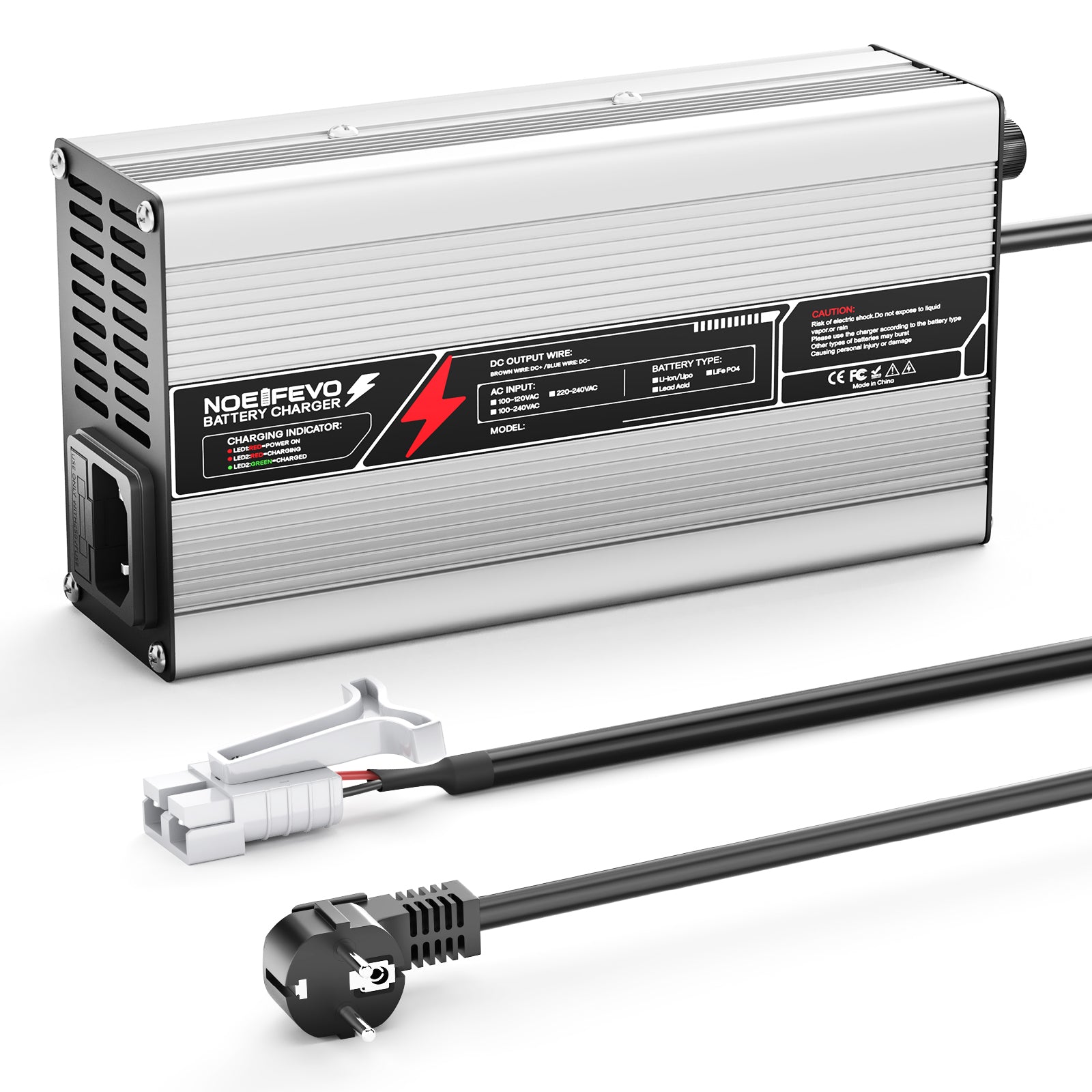 NOEIFEVO 14,6V 20A Caricabatterie LiFePO4 per batteria 12V (12,8V) 4S, spegnimento automatico, case in alluminio, con ventilatore (Argento).