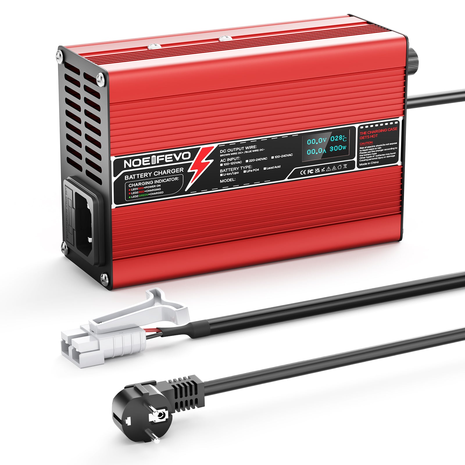 Carregador de Lítio NOEIFEVO 25,2V 2A 3A 4A 5A para Baterias Li-Ion Lipo 6S 22,2V, Ventilador de Resfriamento, Desligamento Automático (VERMELHO)