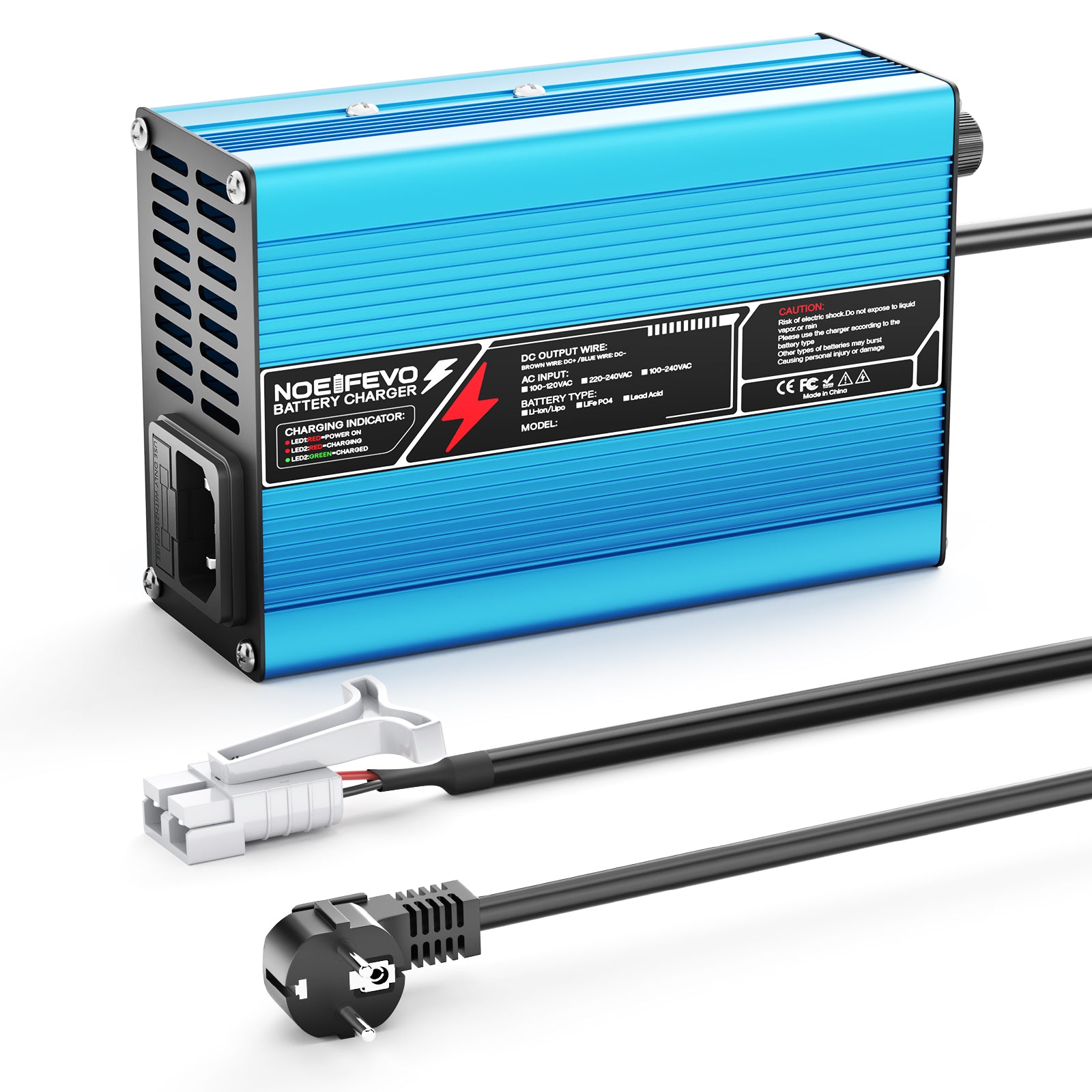 NOEIFEVO 42V 2A 3A 3.5A 4A  Carregador de lítio para baterias Li-Ion Lipo 10S 37V, ventilador de refrigeração, desligamento automático (AZUL).