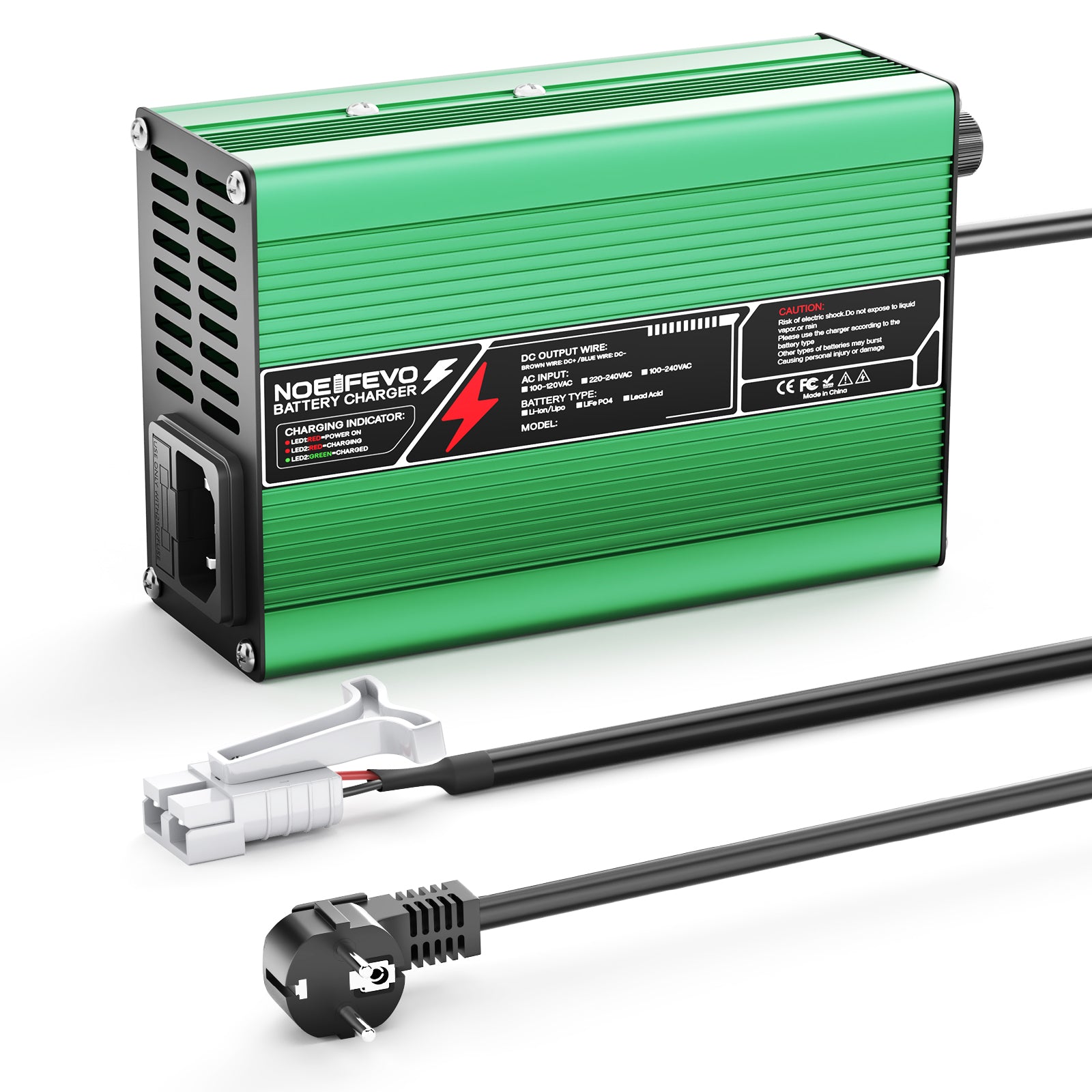 NOEIFEVO 46,2V 4A Lithium-oplader til 11S 40,7V Li-Ion Lipo-batterier, køleventilator, automatisk afbrydelse (GRØN)