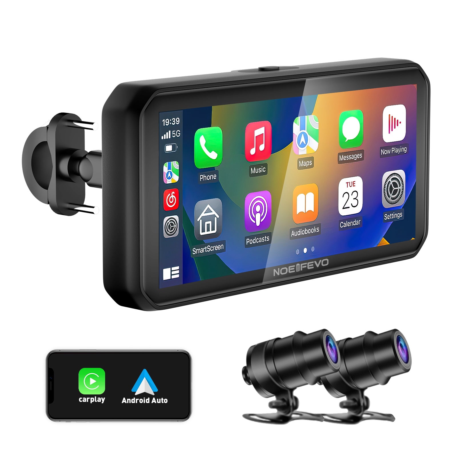 NOEIFEVO MT9B motocyklový Carplay displej s funkcí detekce mrtvého úhlu, bezdrátové CarPlay a Android Auto, přenosný vodotěsný 6,3palcový dotykový displej, vylepšený duální Bluetooth, navigace