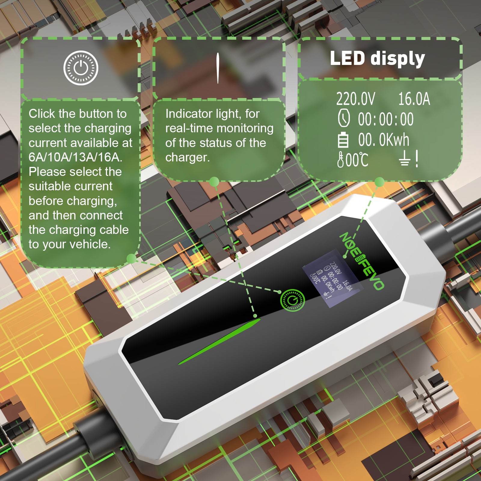 NOEIFEVO 3,5 kW Type 2 naar Schuko EV lader, 5/10 meter Regenbestendige EV laadkabel voor buitengebruik