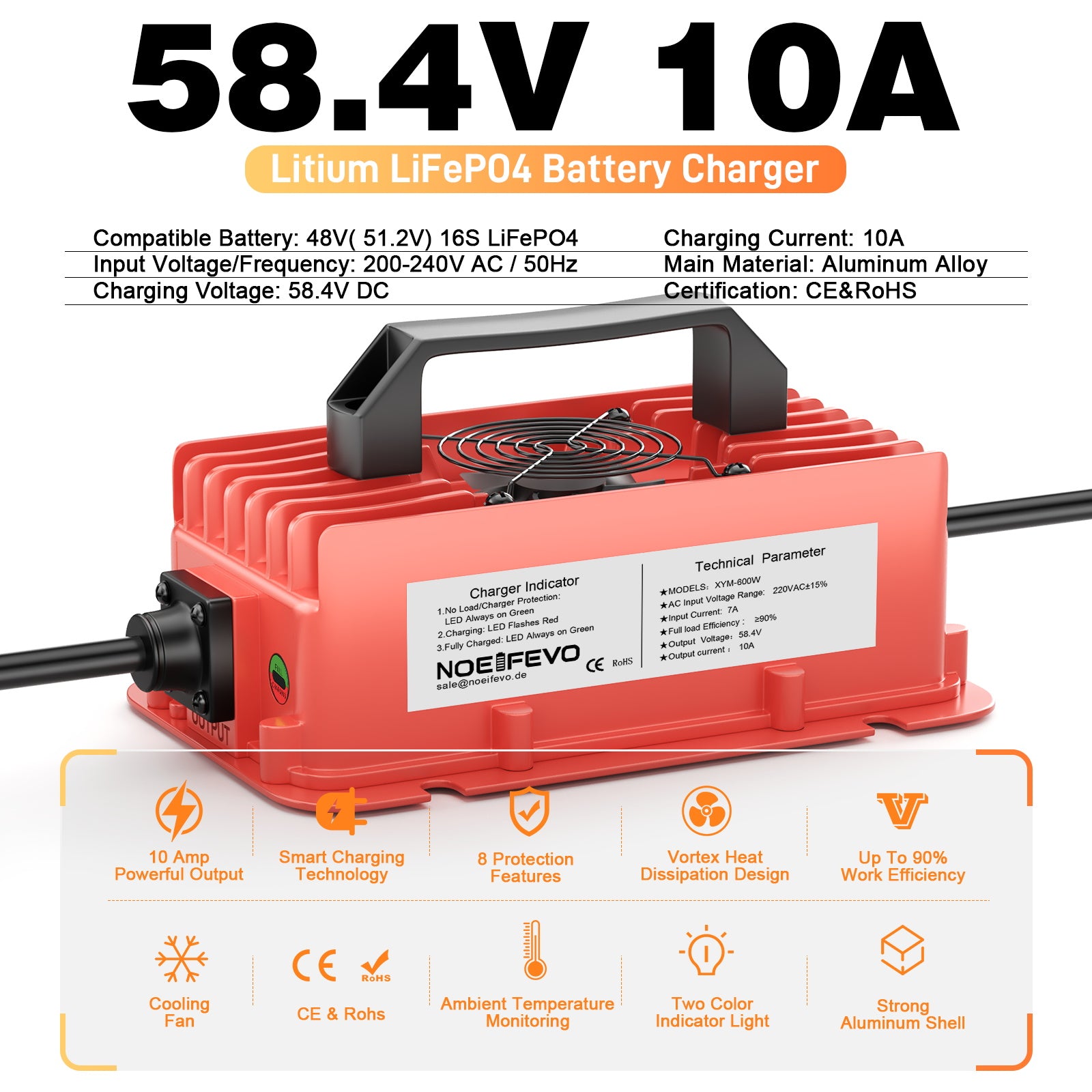 NOEIFEVO 58,4 V 10A Carregador de bateria de lítio LiFePO4 para bateria de 51,2 V (48 V) 16S, à prova de água, desligamento automático com proteção total
​