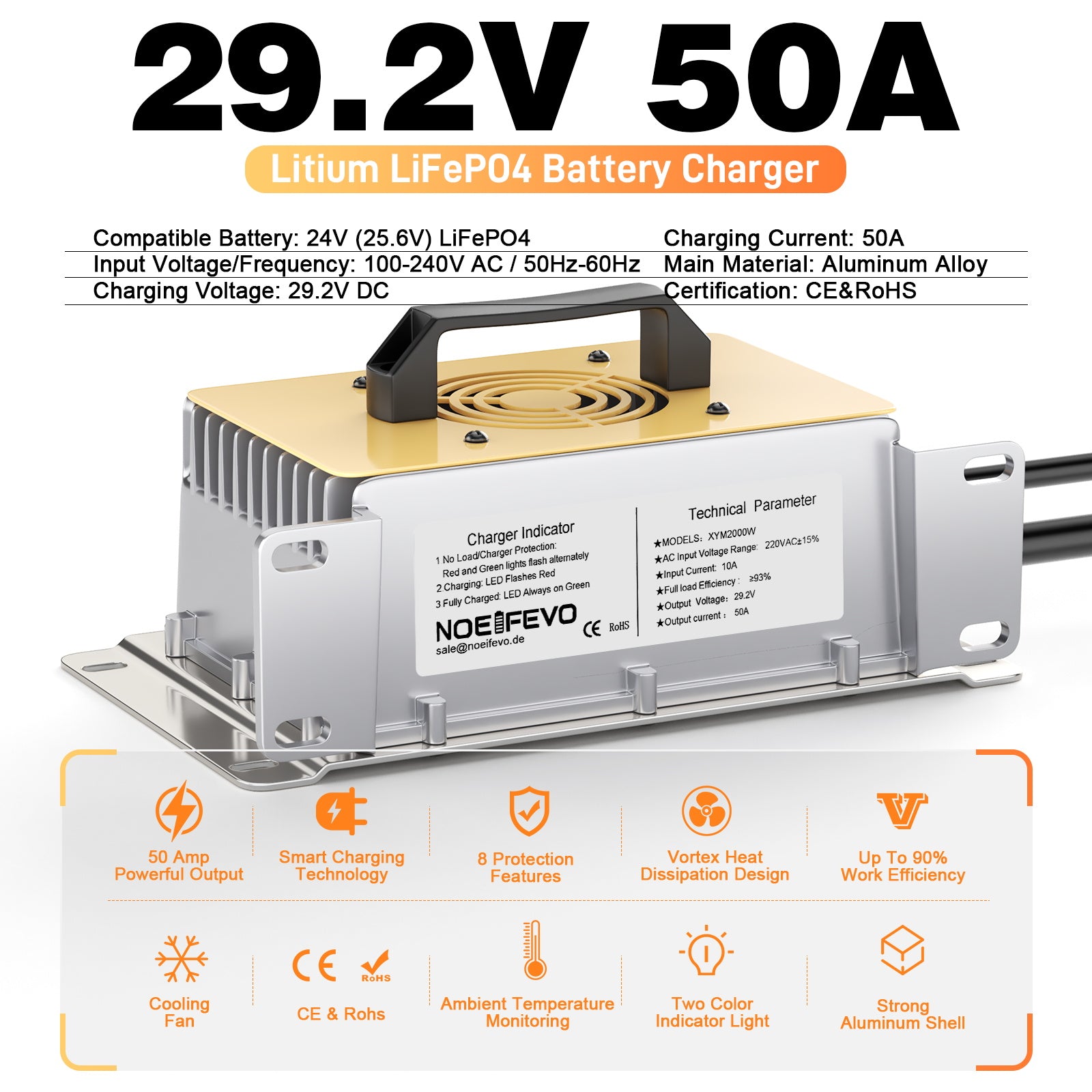 NOEIFEVO 29,2 V 50A rapido Caricabatterie per batteria al litio LiFePO4 da 24 V 25,6 V, impermeabile, attivazione BMS 0 V