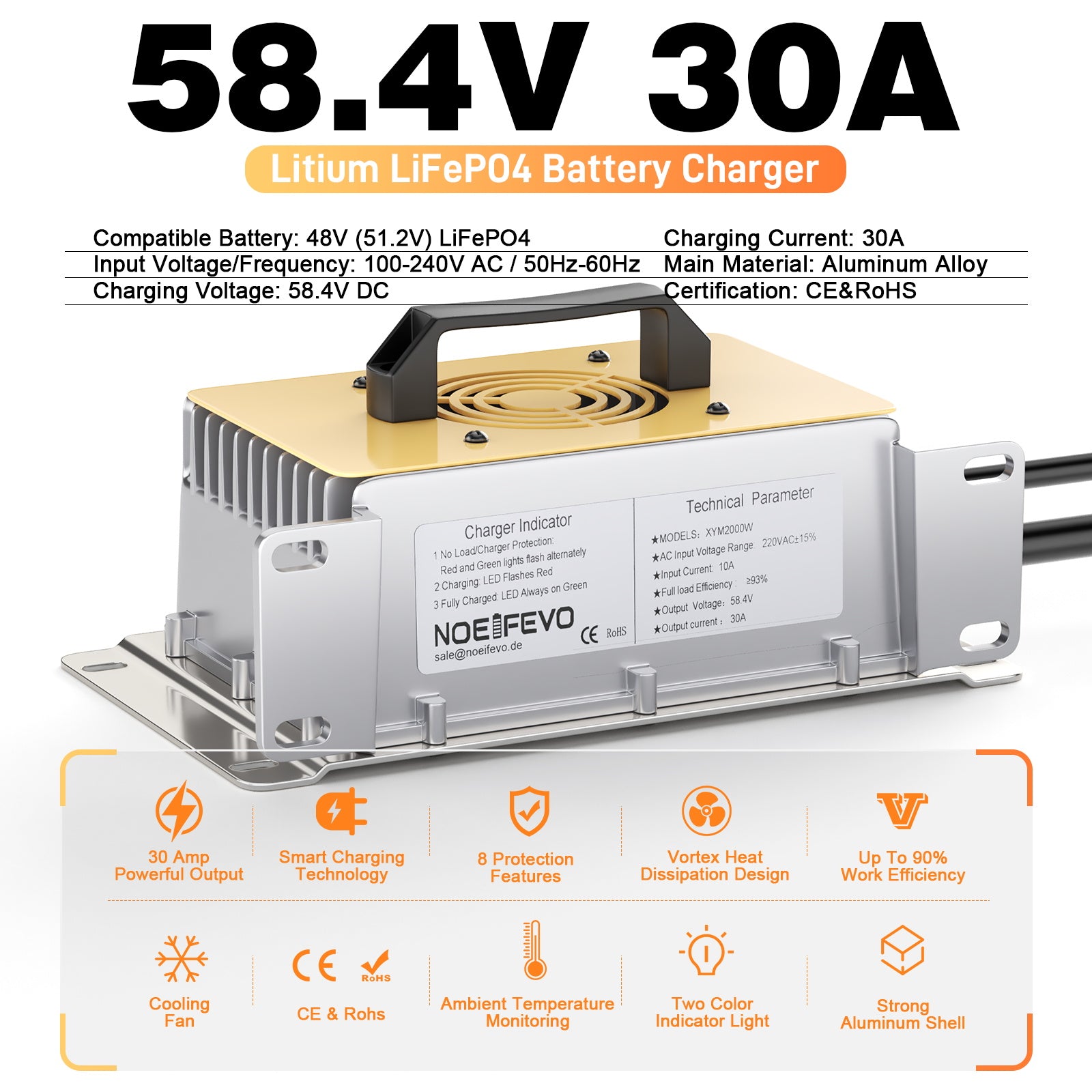 NOEIFEVO 58.4V 30A LiFePO4 batteriladdare för 51.2V(48V) 16S LiFePO4 batteri, vattentät, 0V BMS Enabled