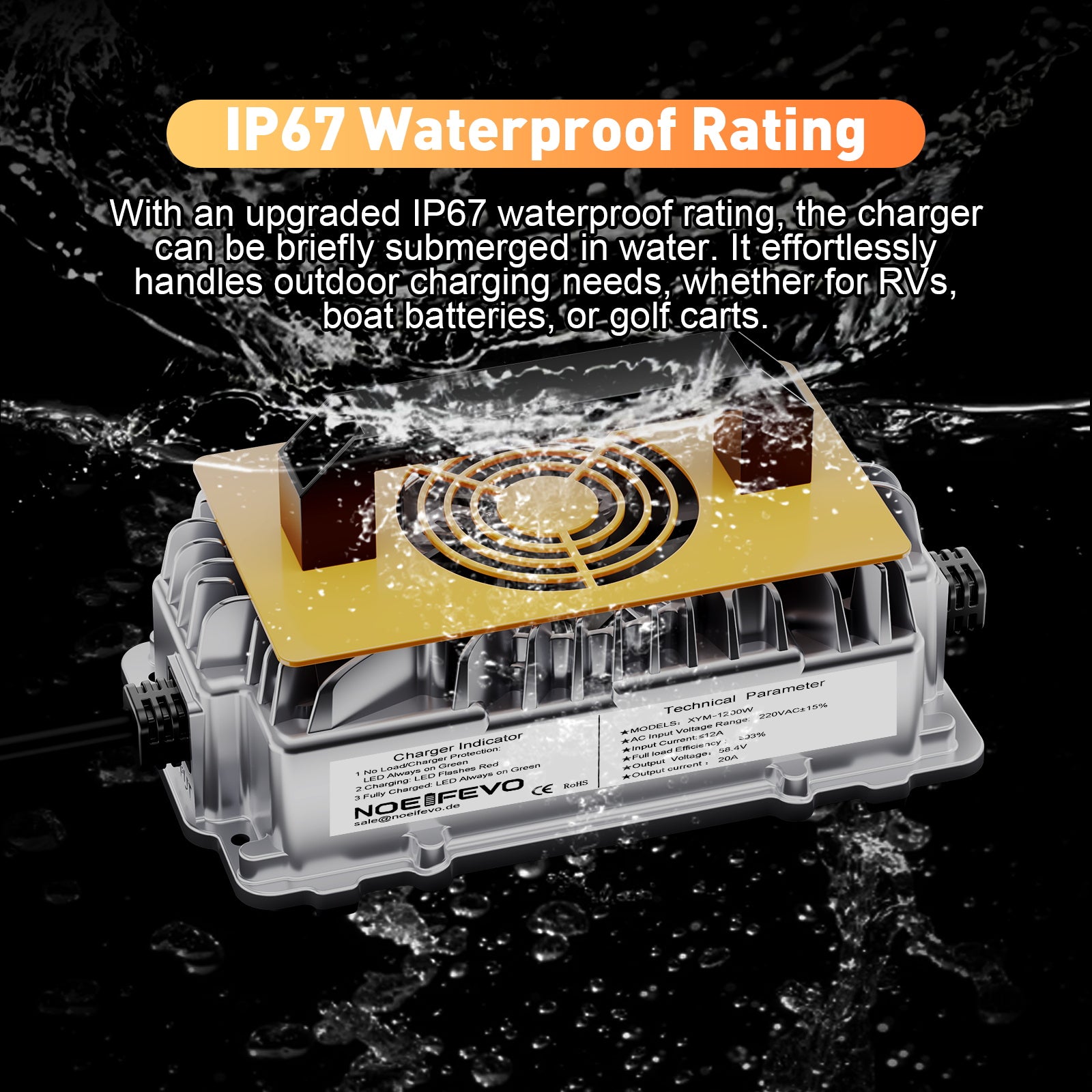 NOEIFEVO 58,4V 20A Lithium Lifepo4 nabíjačka batérií pre 48V (51,2V)16S batériu, vodotesná, 0 V BMS aktivácia, automatické vypnutie s plnou ochranou