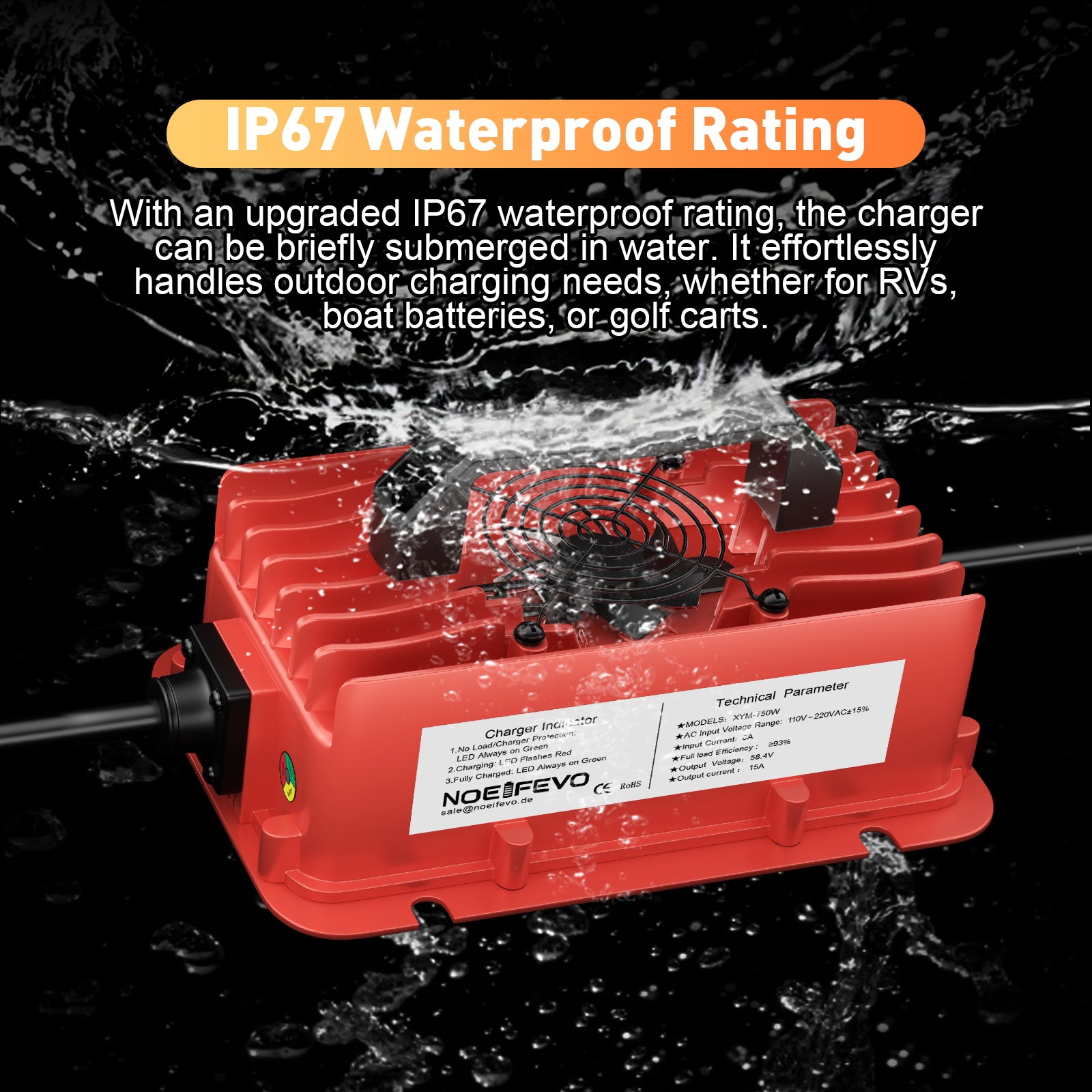 NOEIFEVO 58.4V 15A vedenpitävä LiFePO4-akkulaturi 51.2V(48V) 16S LiFePO4-akulle