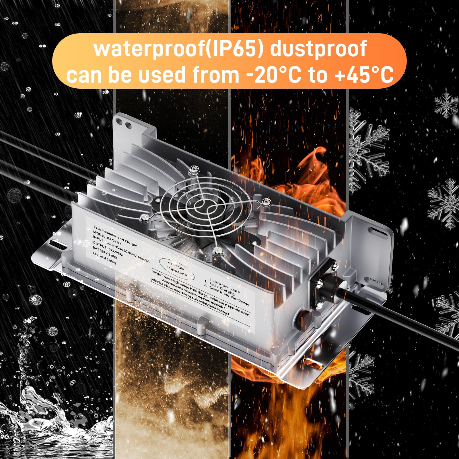 72V 15A Blei-Säure-Batterieladegerät, IP65 wasserdicht, mit Sicherungs-/Verriegelungskabel für Hubwagen, Bodenreinigungsmaschinen, Golfcarts und Gabelstapler