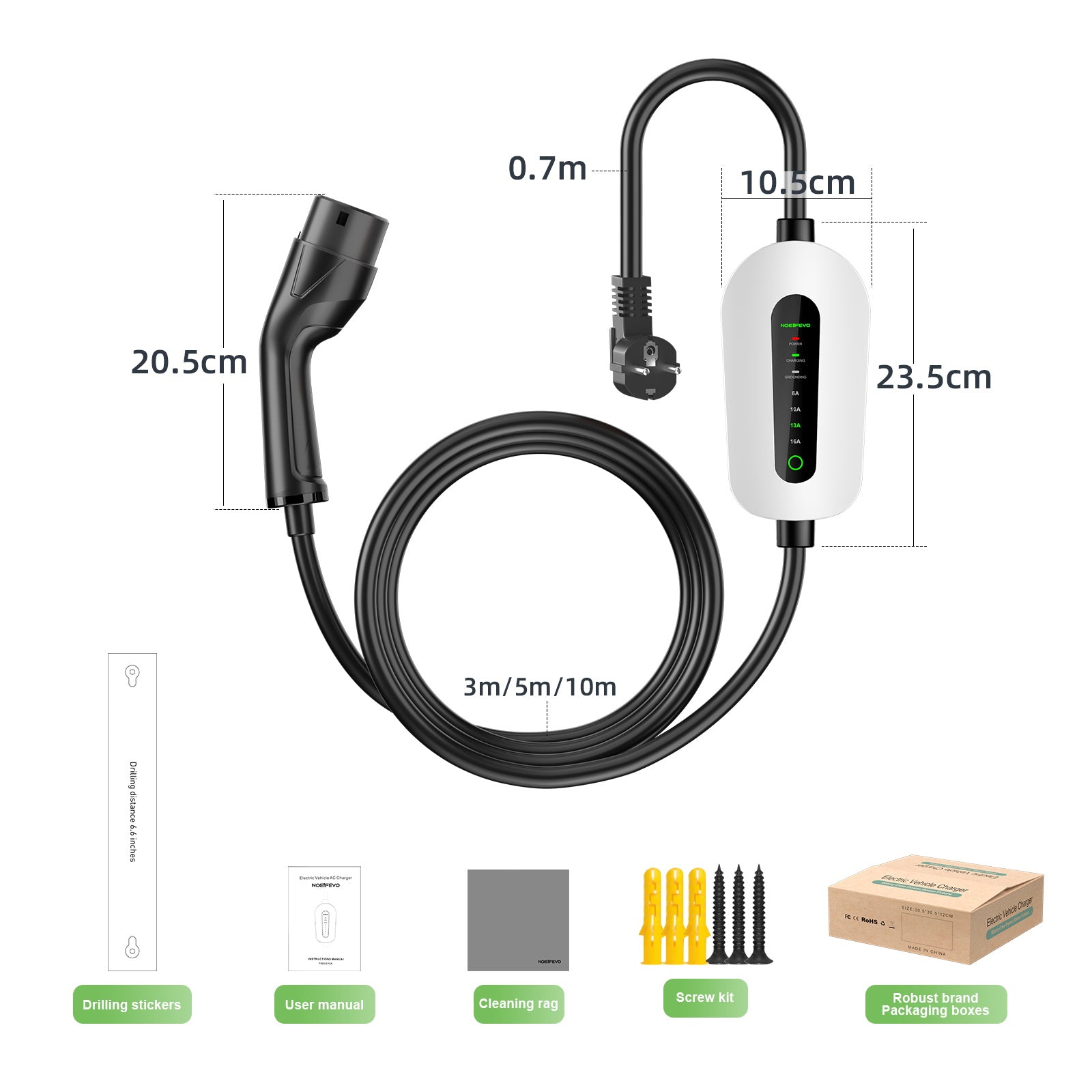 NOEIFEVO F095 Type 2 naar Schuko EV-laadkabel voor elektrisch voertuig, 3,5KW 6A tot 16A instelbare stroom, 3m/5m/10m