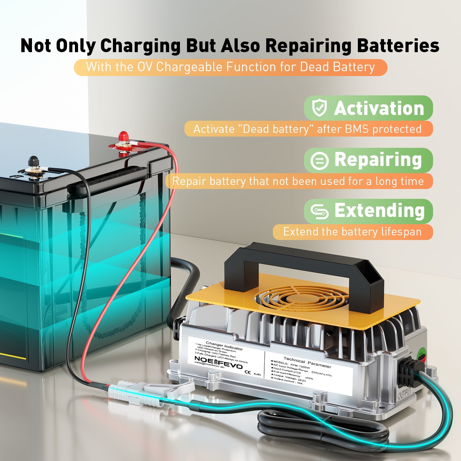 Noeifevo 29.2V 30A LiFePO4 מטען סוללה לסוללת ליתיום 24V 25.6V, עמיד למים, הפעלה 0V BMS, כיבוי אוטומטי