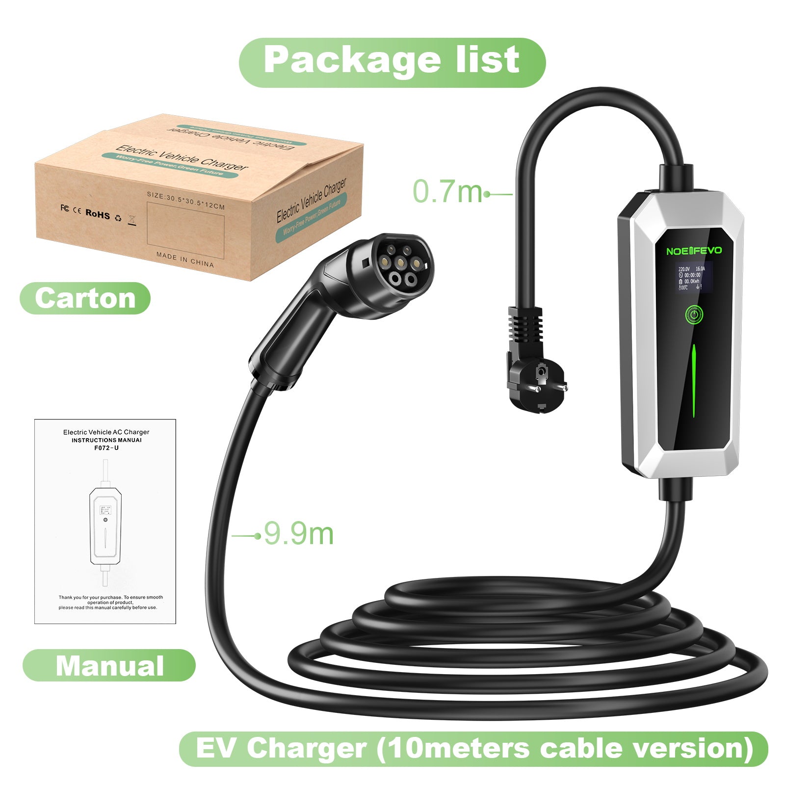 NOEIFEVO Cargador EV de 3,5 kW Tipo 2 a Schuko, 5M/10M Cable de carga EV impermeable para uso en exteriores-