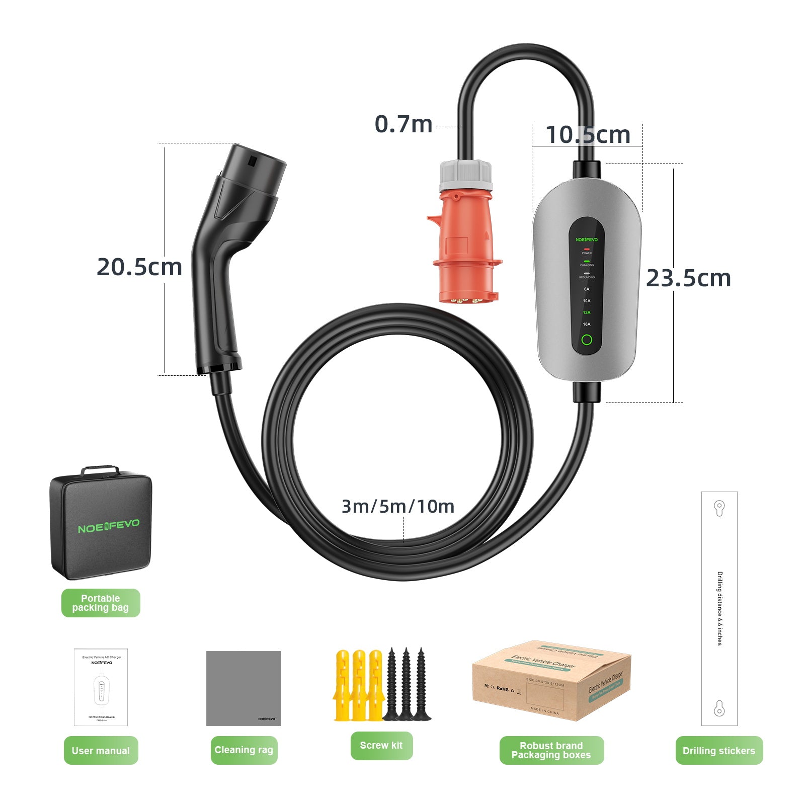 NOEIFEVO F095-3 Tipo 2 para CEE16A EV cabo de carregamento para veículo elétrico, 11KW wallbox 6A a 16A corrente ajustável, 3m/5m/10m
​