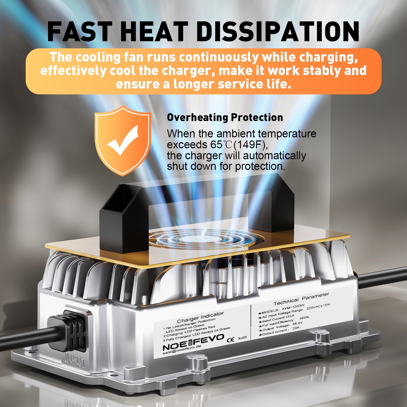NOEIFEVO 58,4V 20A Lithium Lifepo4 nabíjačka batérií pre 48V (51,2V)16S batériu, vodotesná, 0 V BMS aktivácia, automatické vypnutie s plnou ochranou