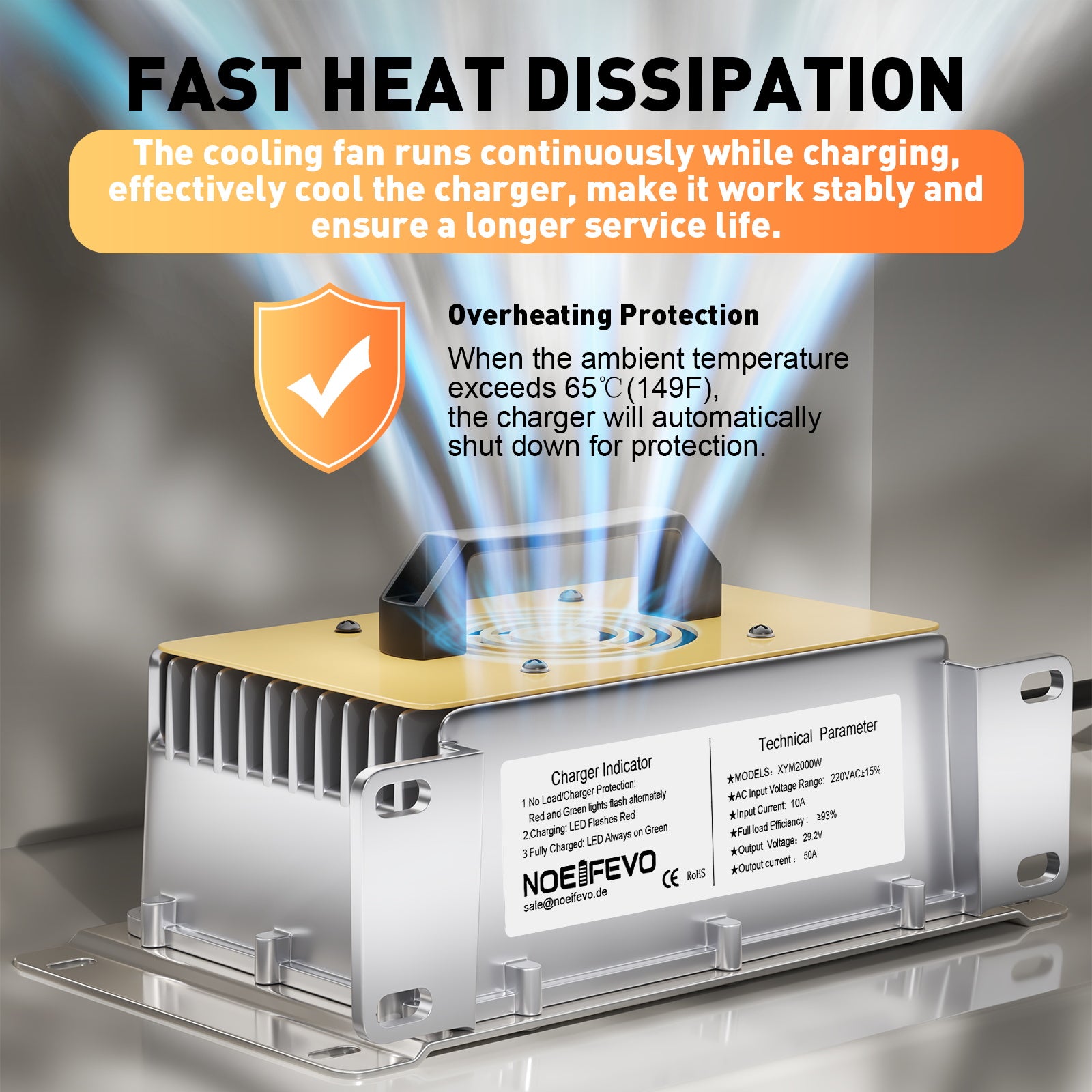 NOEIFEVO 29,2 V 50A rapido Caricabatterie per batteria al litio LiFePO4 da 24 V 25,6 V, impermeabile, attivazione BMS 0 V