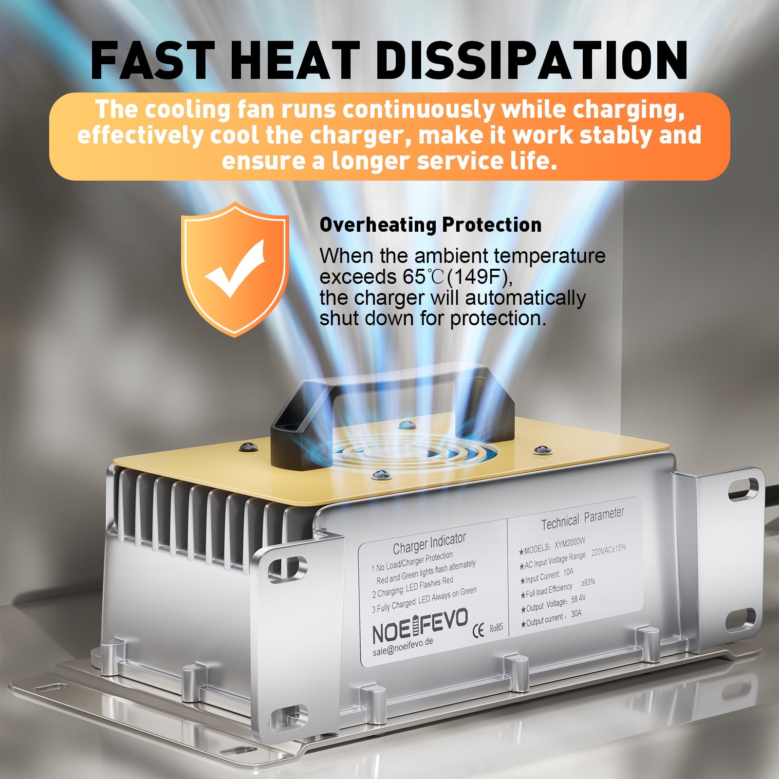 NOEIFEVO 58.4V 30A LiFePO4 batteriladdare för 51.2V(48V) 16S LiFePO4 batteri, vattentät, 0V BMS Enabled