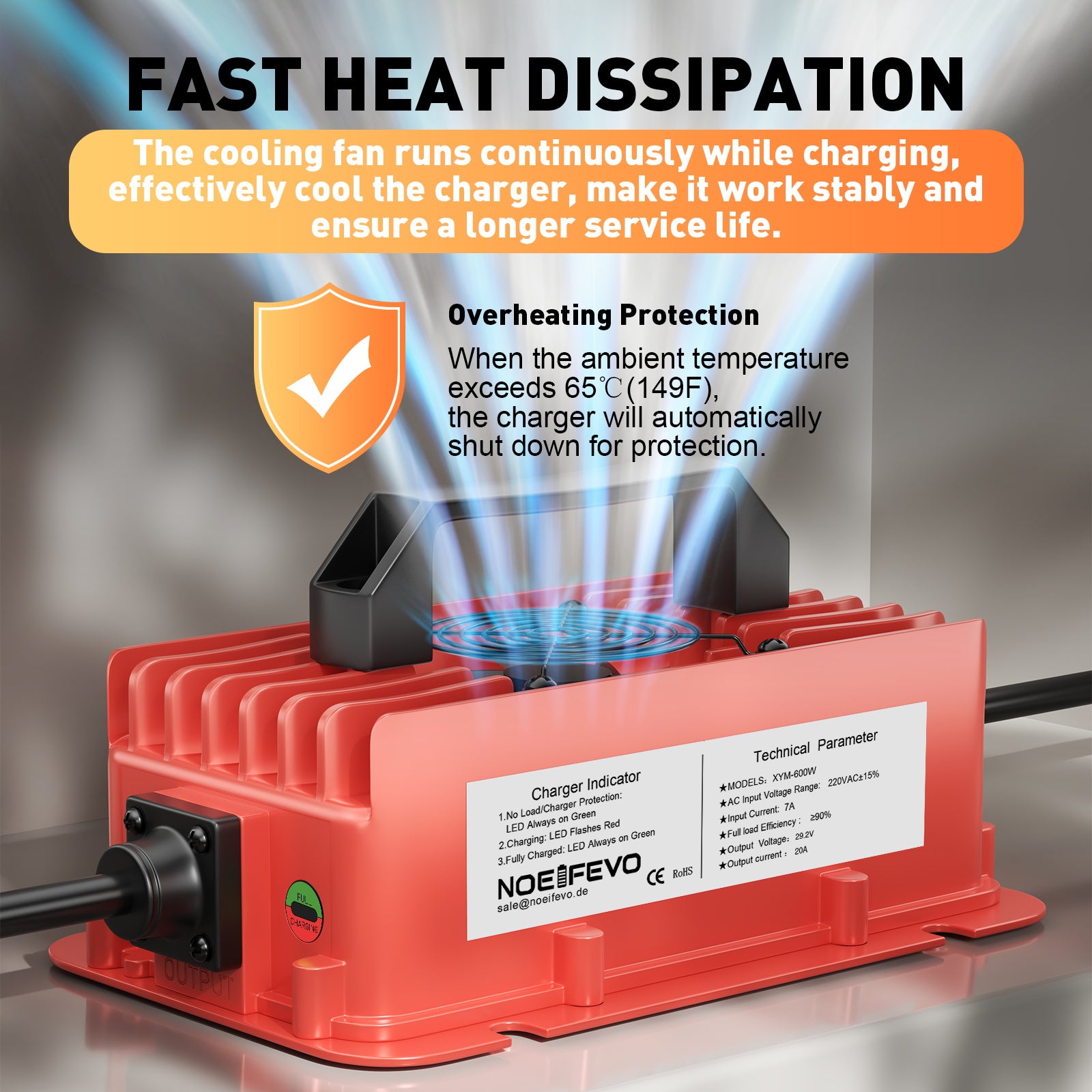 NOEIFEVO 29,2V 20A Vodotěsná LiFePO4 nabíječka baterií pro 25,6V(24V) 8S lithiovou baterii, 0V BMS aktivace, s plnou ochranou