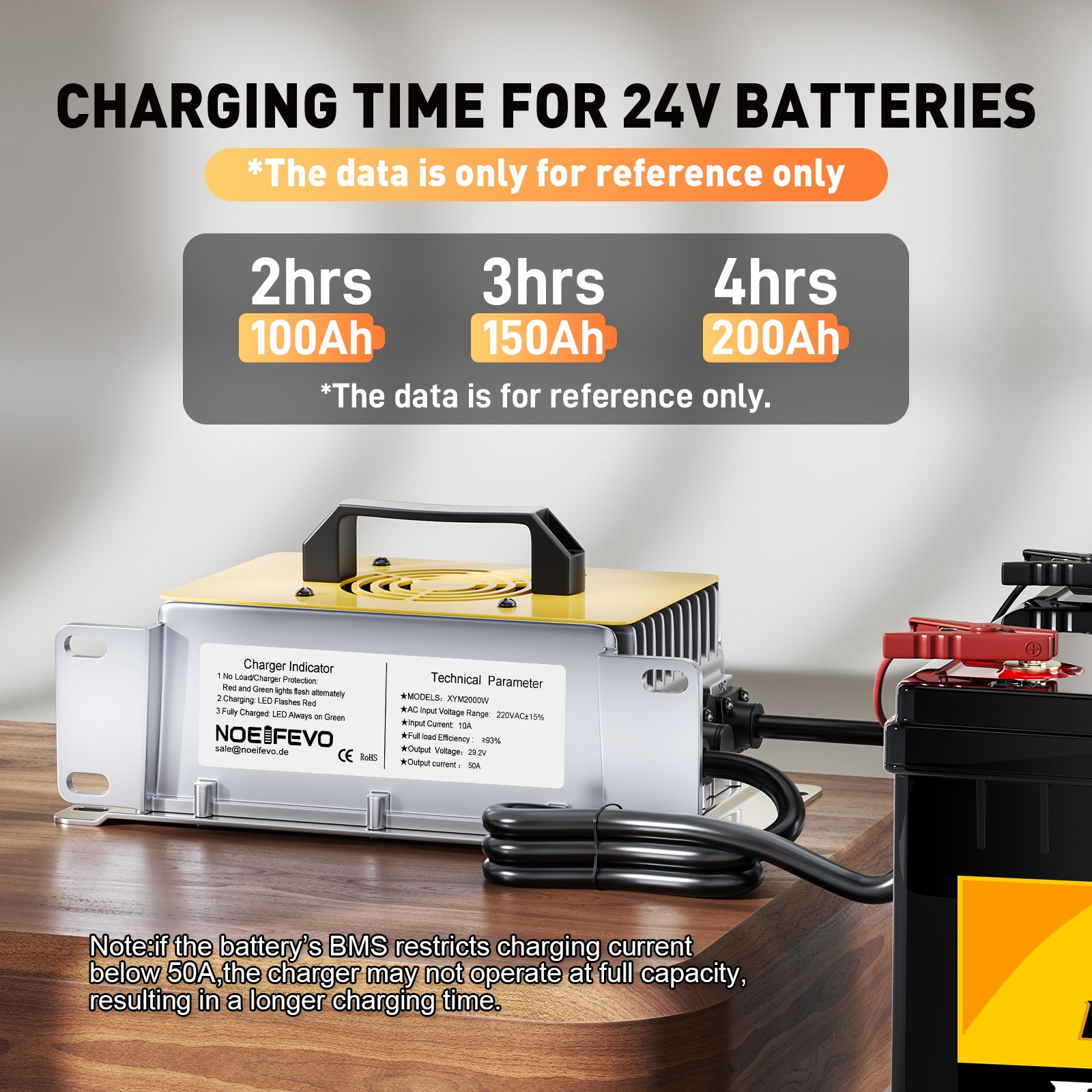 NOEIFEVO 29,2 V 50A rapido Caricabatterie per batteria al litio LiFePO4 da 24 V 25,6 V, impermeabile, attivazione BMS 0 V