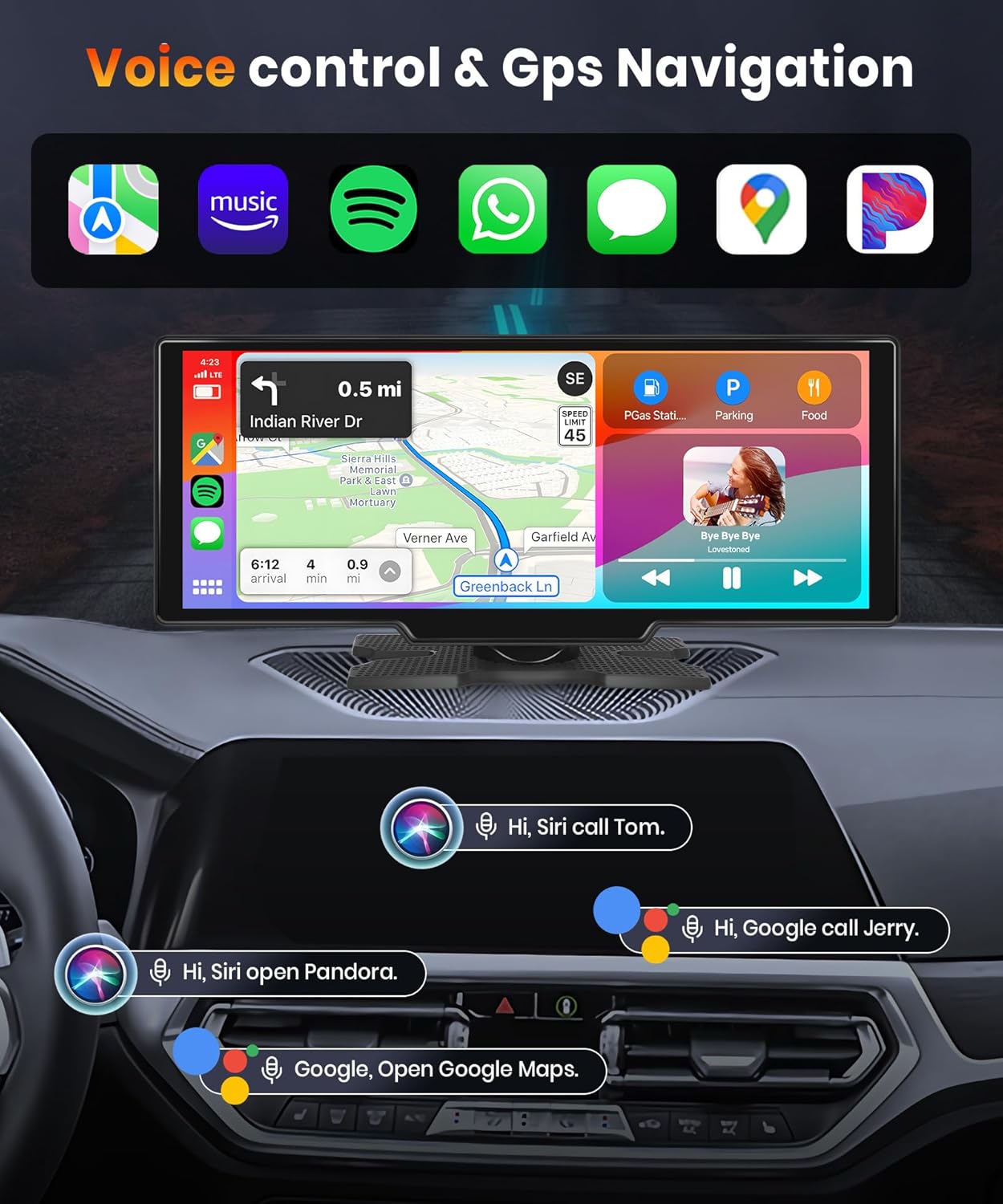 NOEIFEVO 10,26 tuuman Carplay-näyttö autoille langattomalla Carplaylla, Android Autolla, MirrorLinkillä, 1080P IPS-täytönäytöllä, kannettavalla radiolla, tukee Bluetoothia/kaiuttimen puheohjausta/GPS:ää/Siriä/FM-lähetystä/Aux/TF-korttia.