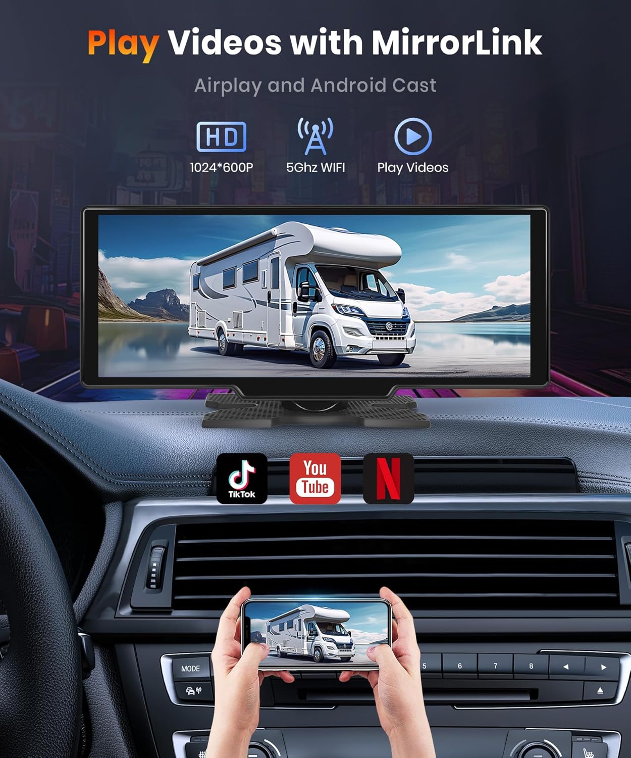 NOEIFEVO 10,26 pollici schermo Carplay per auto con Carplay wireless, Android Auto, MirrorLink, touchscreen IPS 1080P, radio portatile, supporta Bluetooth/comandi vocali vivavoce/GPS/Siri/trasmissione FM/Aux/scheda TF.