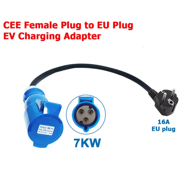 EV-latausadapteri, CEE 32A sininen pistorasia Schuko-kotitalouspistokkeeksi, 7kW 32A EV-latauslaitteille