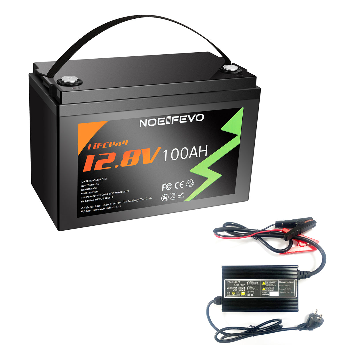 NOEIFEVO 12.8V 100Ah LiFePO4 Batería de Litio, 1280Wh Batería de Litio con 100A BMS, 4000+ ciclos de carga, con cargador de 14.6V 20A, perfecta como fuente de energía para autocaravana, barco.