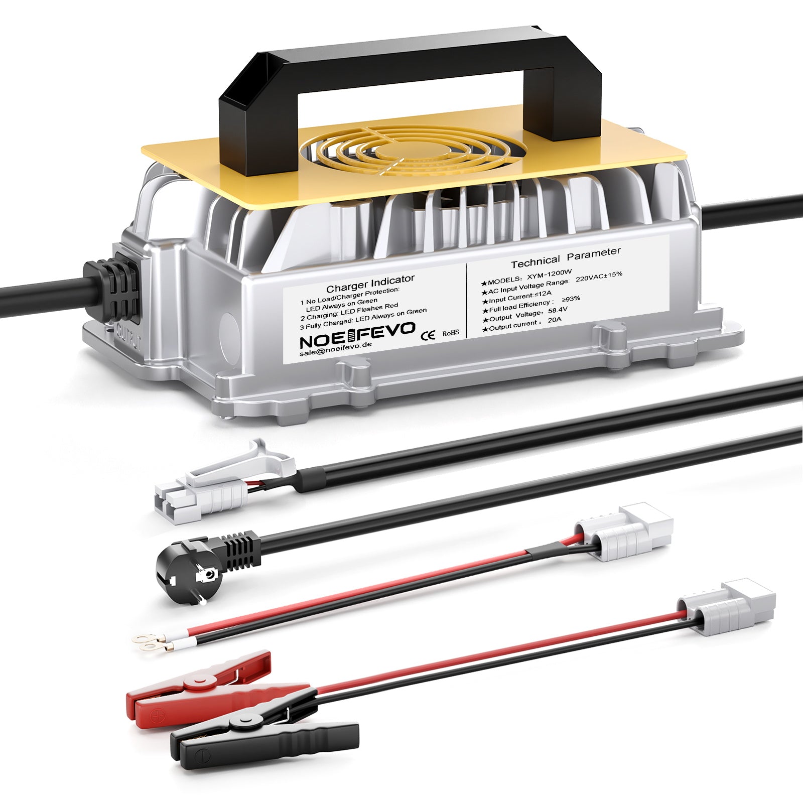 NOEIFEVO 58,4V 20A Lithium Lifepo4 nabíjačka batérií pre 48V (51,2V)16S batériu, vodotesná, 0 V BMS aktivácia, automatické vypnutie s plnou ochranou