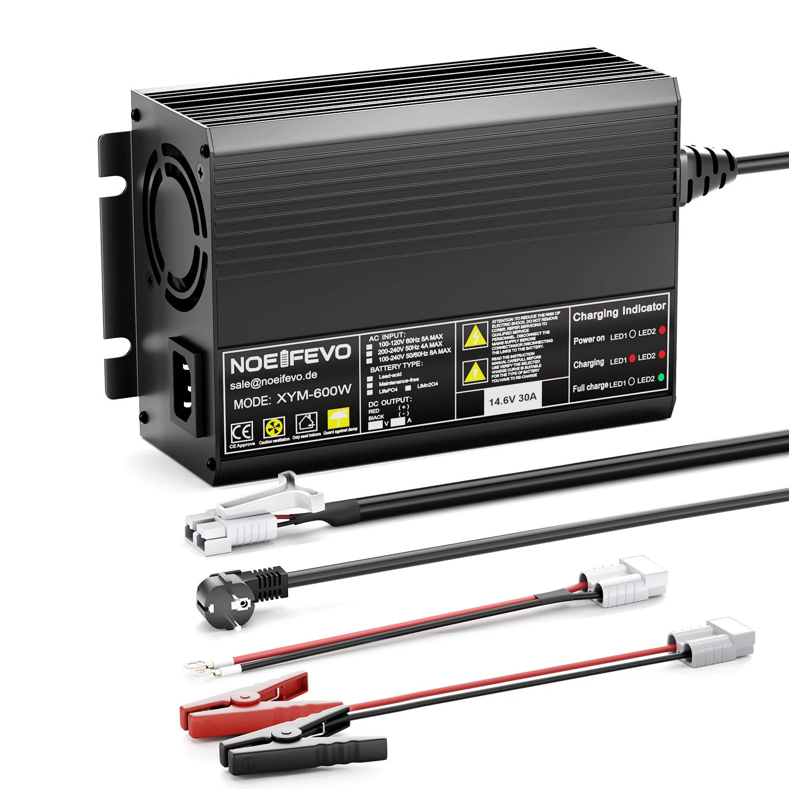 Noeifevo 12V 12.8V 30A Lithium LiFePO4 akkulaturi, latausjännite 14.6V, 0V BMS aktivointi, automaattinen sammutus, alumiinikotelo