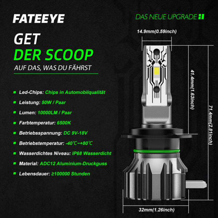 FATEEYE H7 LED -ajovalosarja 10000 lm 50 W kauko- ja lähivalo 6500 K valkoinen halogeeni (2 kpl)