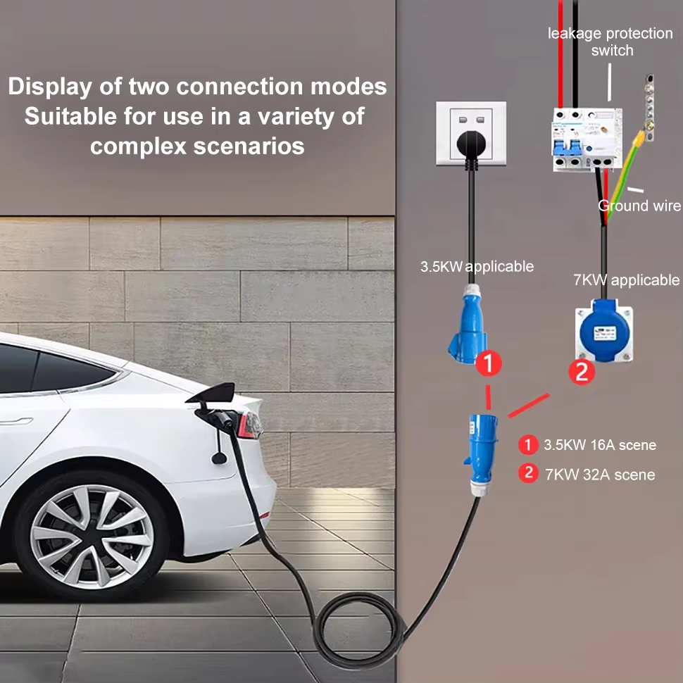 EV-ladeadapter, CEE 32A blå stikkontakt til Schuko husholdningsstikadapter, til 7kW 32A EV-ladere.