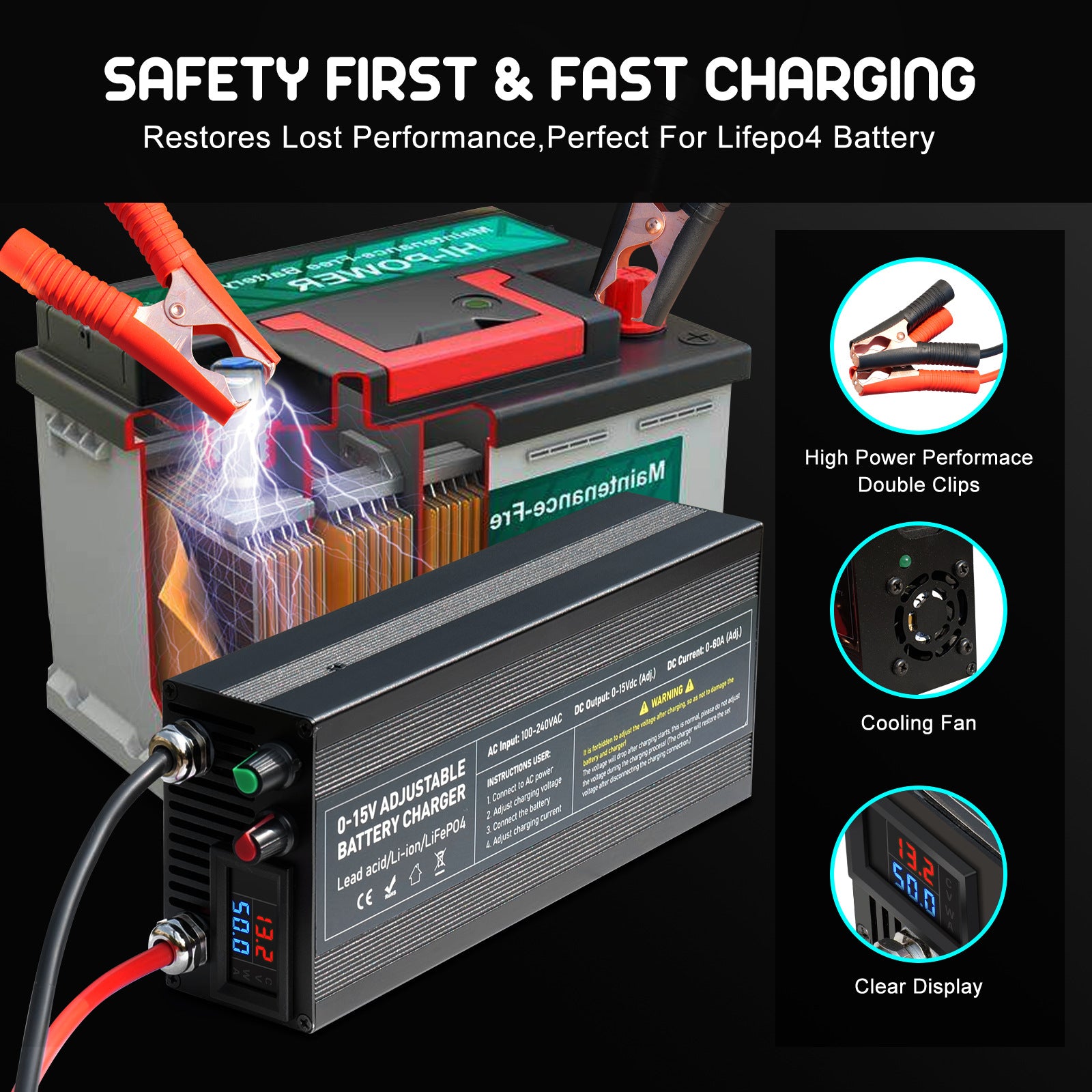 NOEIFEVO regolabile con tensione e corrente 0-15V 1-60A /85A Caricabatterie , compatibile con batterie al litio, LiFePO4 e piombo-acido da 3,7V 6V 12V