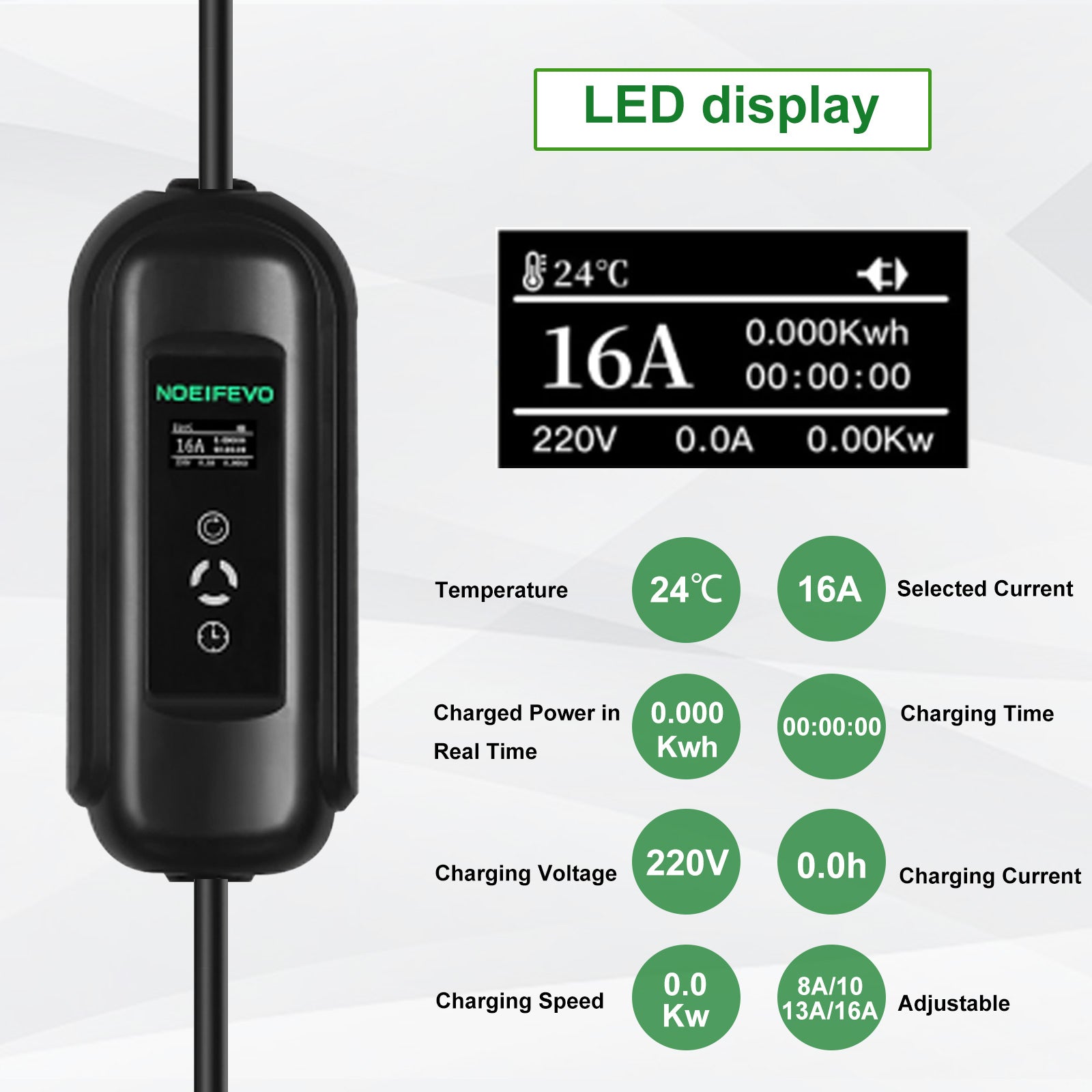 Noeifevo Portable Type1 3,6KW 16A EV oplader, 5m/10m mobilt EV ladekabel med Schuko
​