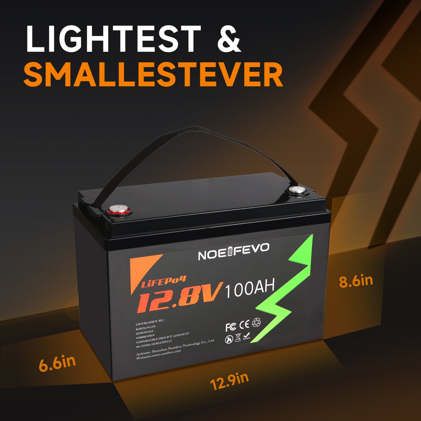 NOEIFEVO 12,8V 100Ah LiFePO4 litiumbatteri, 1280Wh litiumbatteri med 100A BMS, 4000+ opladningscyklusser, med 14,6V 20A oplader, perfekt som strømkilde til autocamper og båd.