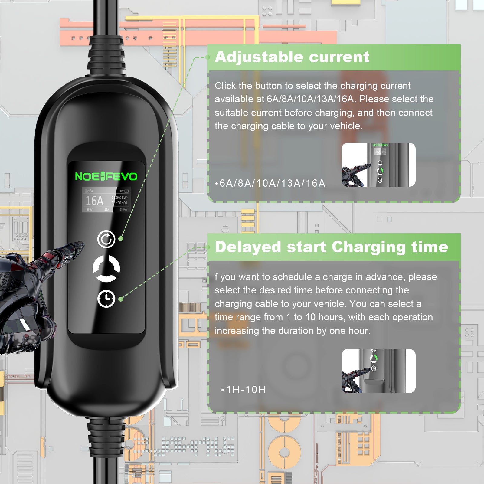 10Meters 11KW typ 2 16A 3 fáze Mobilní nabíjecí stanice EV Wallbox, CEE 16A zástrčka, Schuko zástrčka na cesty