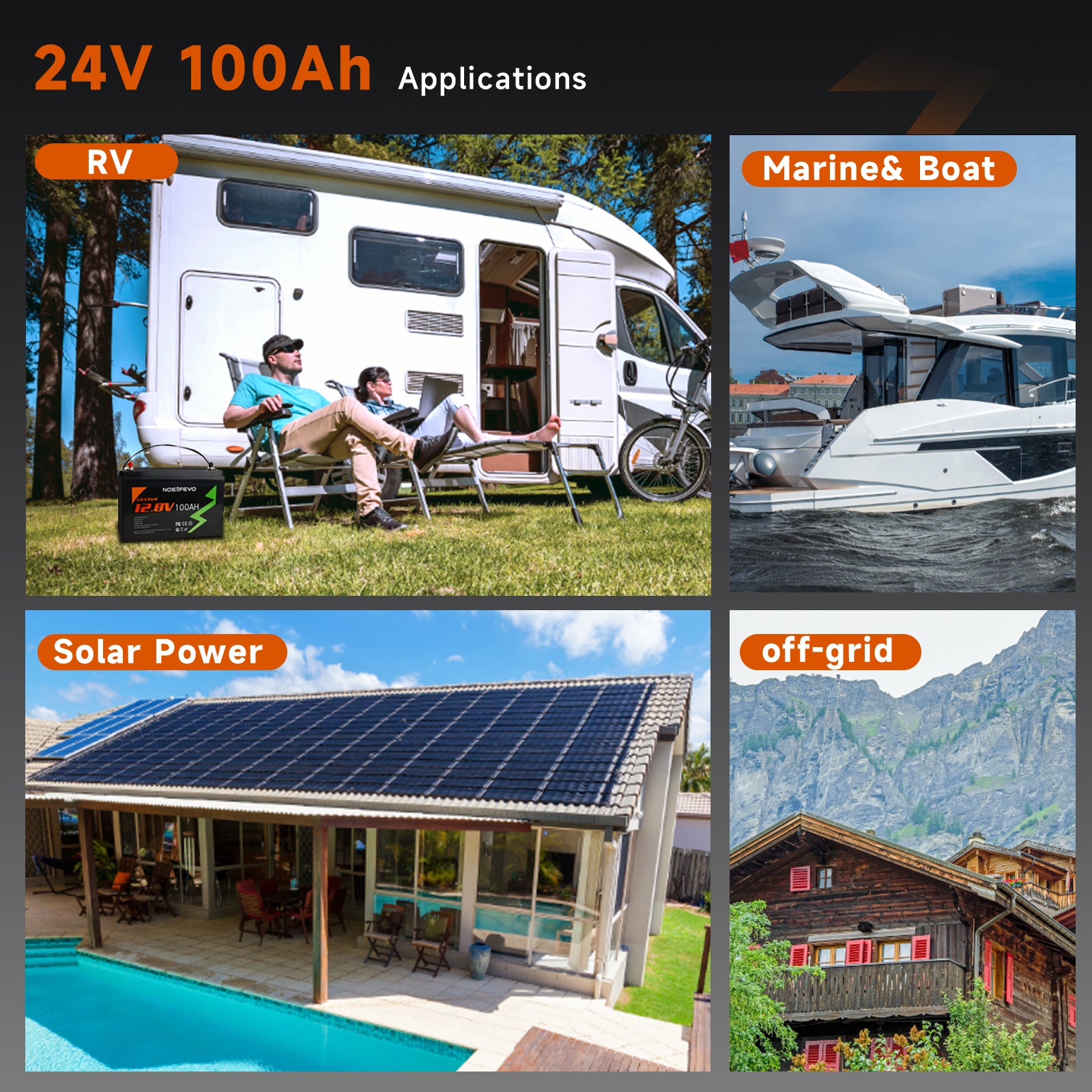 NOEIFEVO 12.8V 100Ah LiFePO4 Lithium Battery, Fully charged in 2 hours with 14.6V 50A charger, 4000+ charge cycles, , perfect as power source for motorhome, boat.