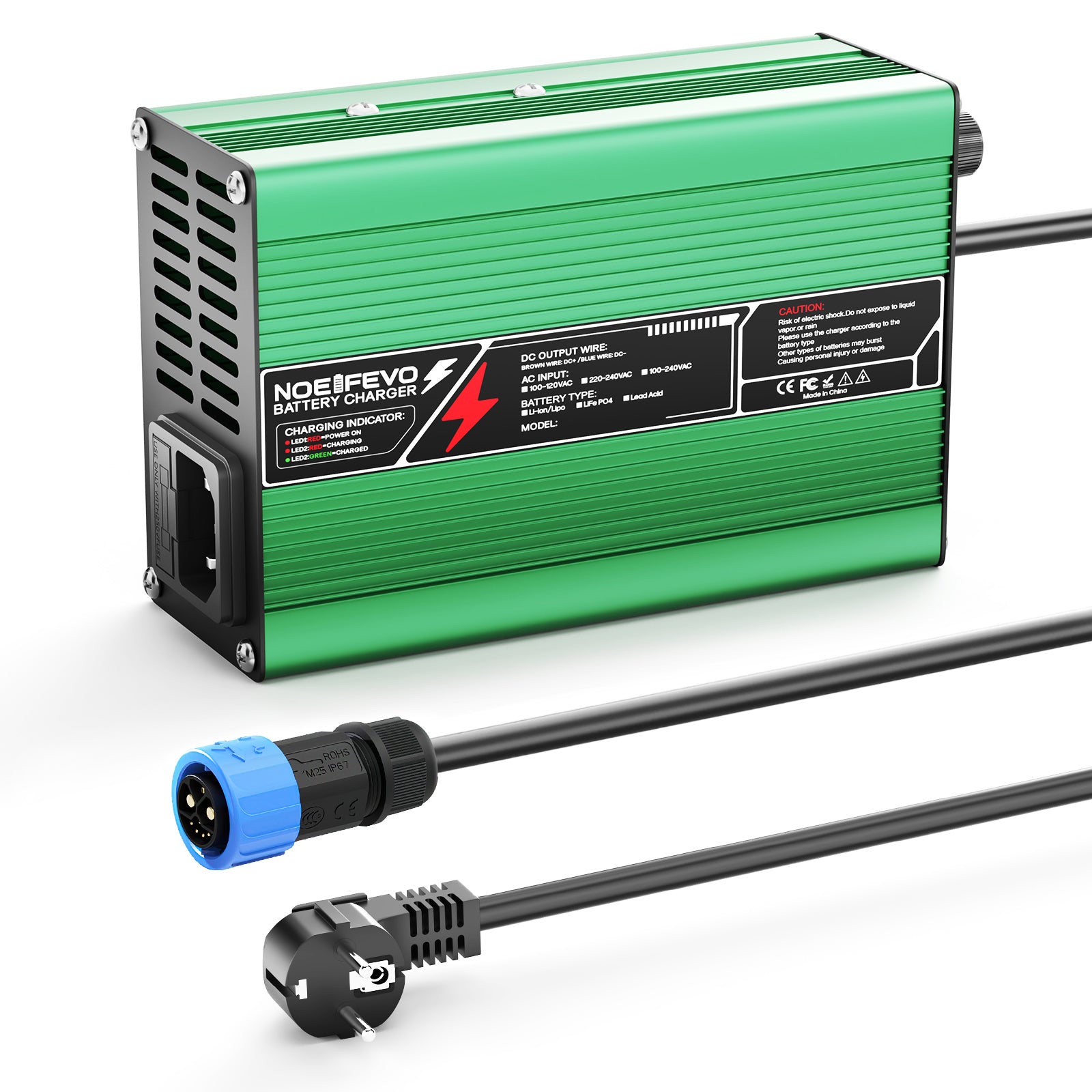 NOEIFEVO 37.8V  2A 3A 3.5A 4A מטען ליתיום עבור סוללות 9S 33.3V Li-Ion Lipo, מאוורר קירור, כיבוי אוטומטי (ירוק).
