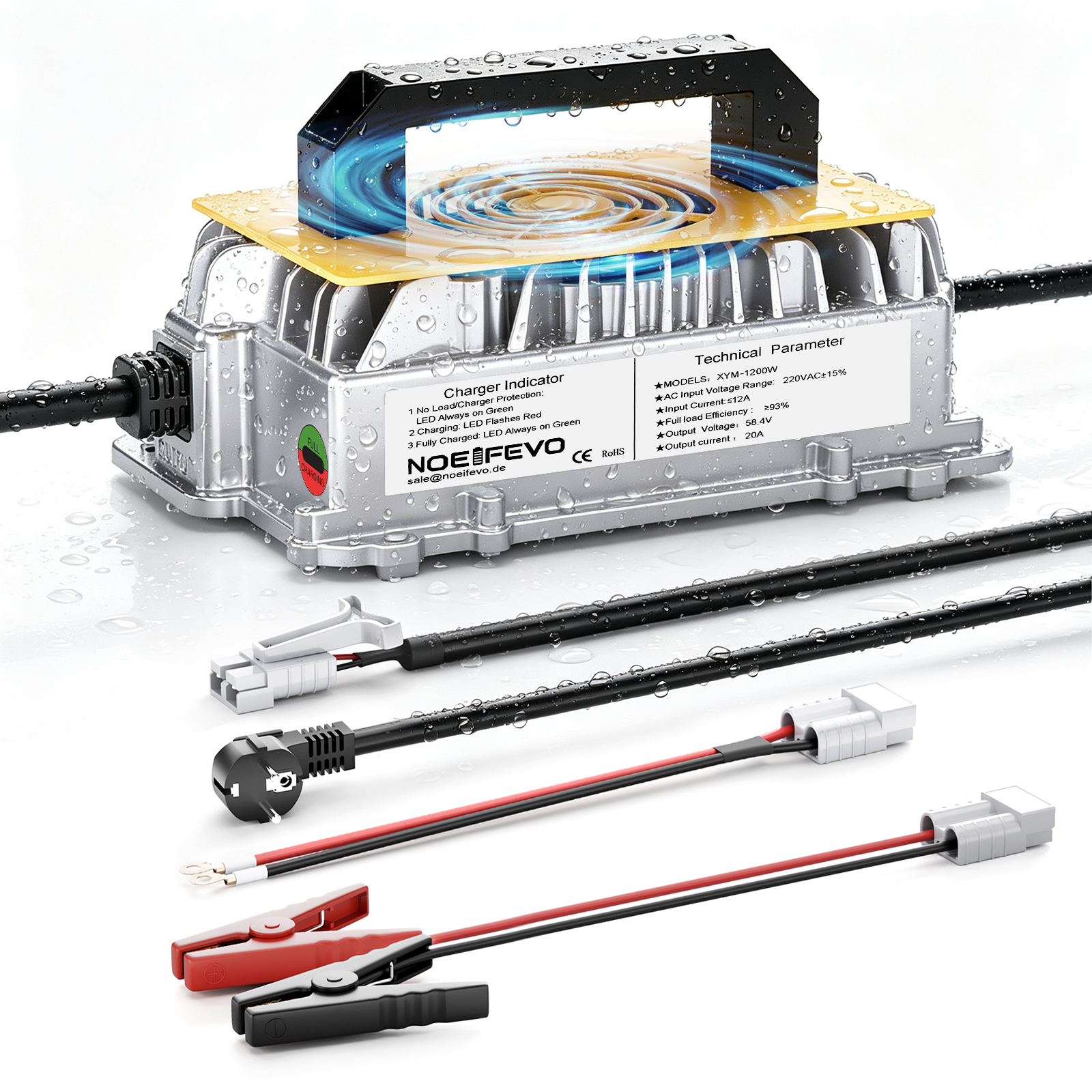 NOEIFEVO 58,4 V 20A Lifepo4 litio al batterie per Caricabatterie   per batteria 48 V (51,2 V) 16 S, impermeabile, attivazione BMS 0 V, spegnimento automatico con protezione completa