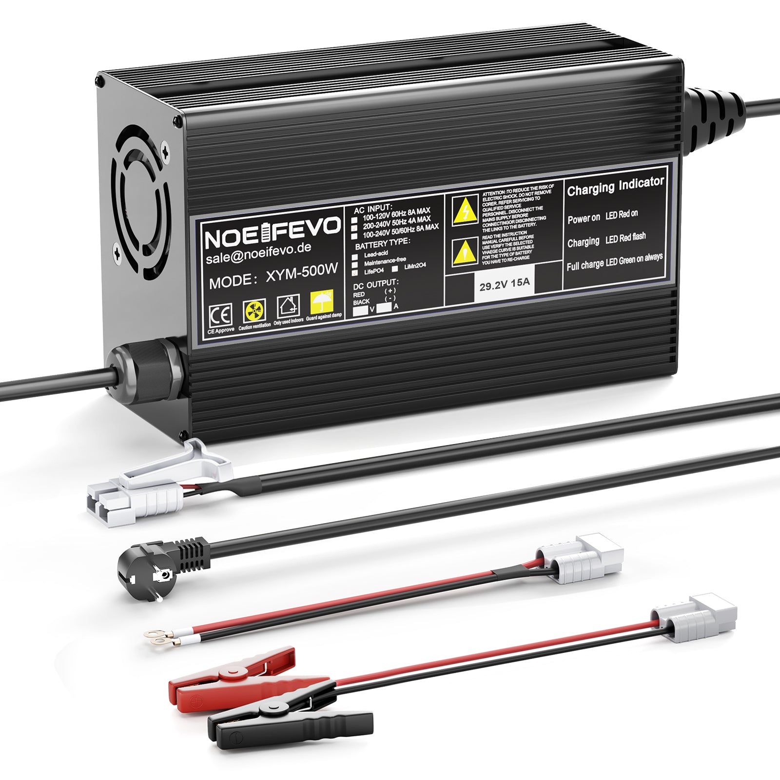 Noeifevo 29,2 V 20 A LiFePO4 akkulaturi 24 V 25,6 V litiumakulle, 0 V BMS aktivointi, automaattinen sammutus täydellä suojalla